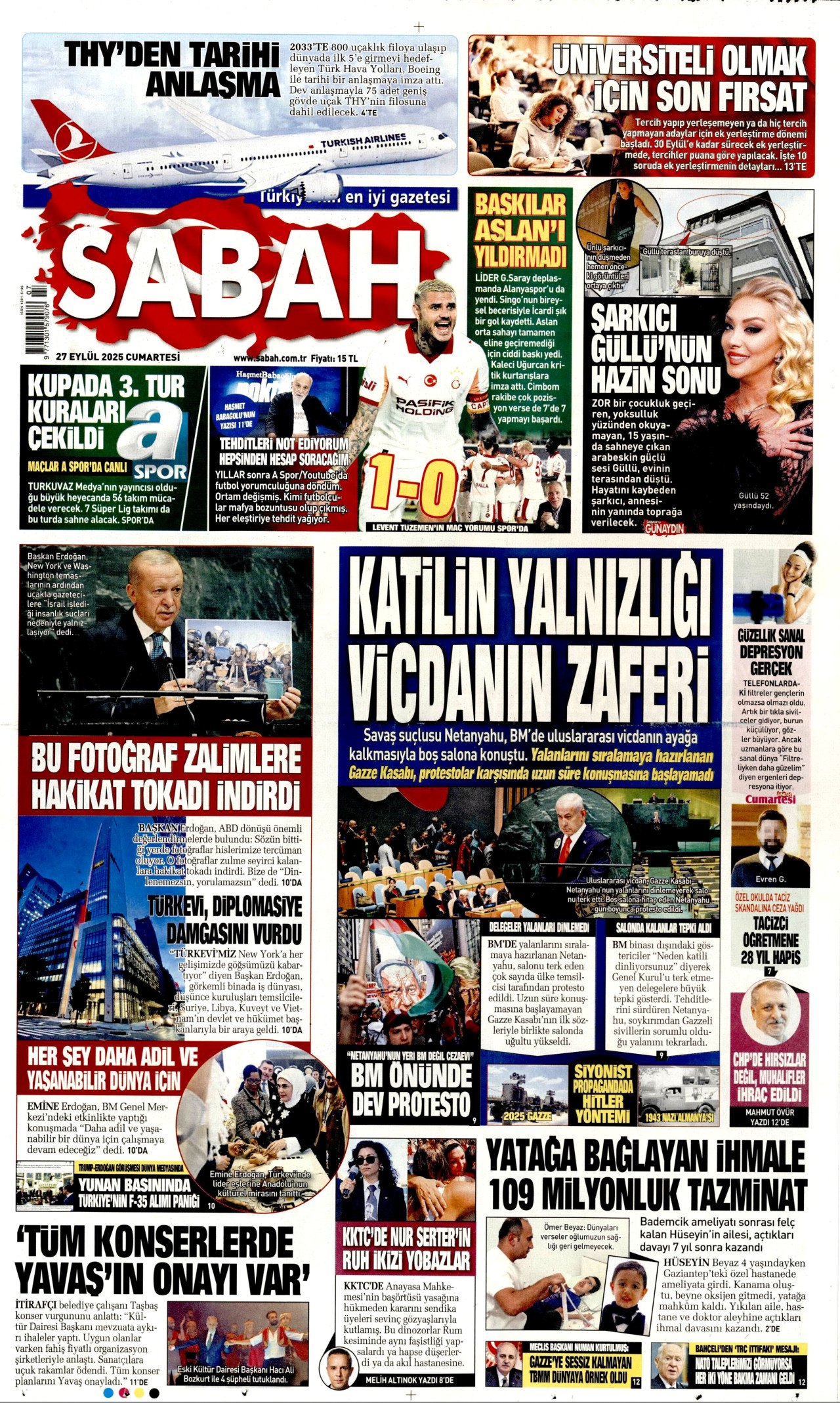 SABAH gazetesinin 27 Eylül 2025 tarihli birinci sayfası