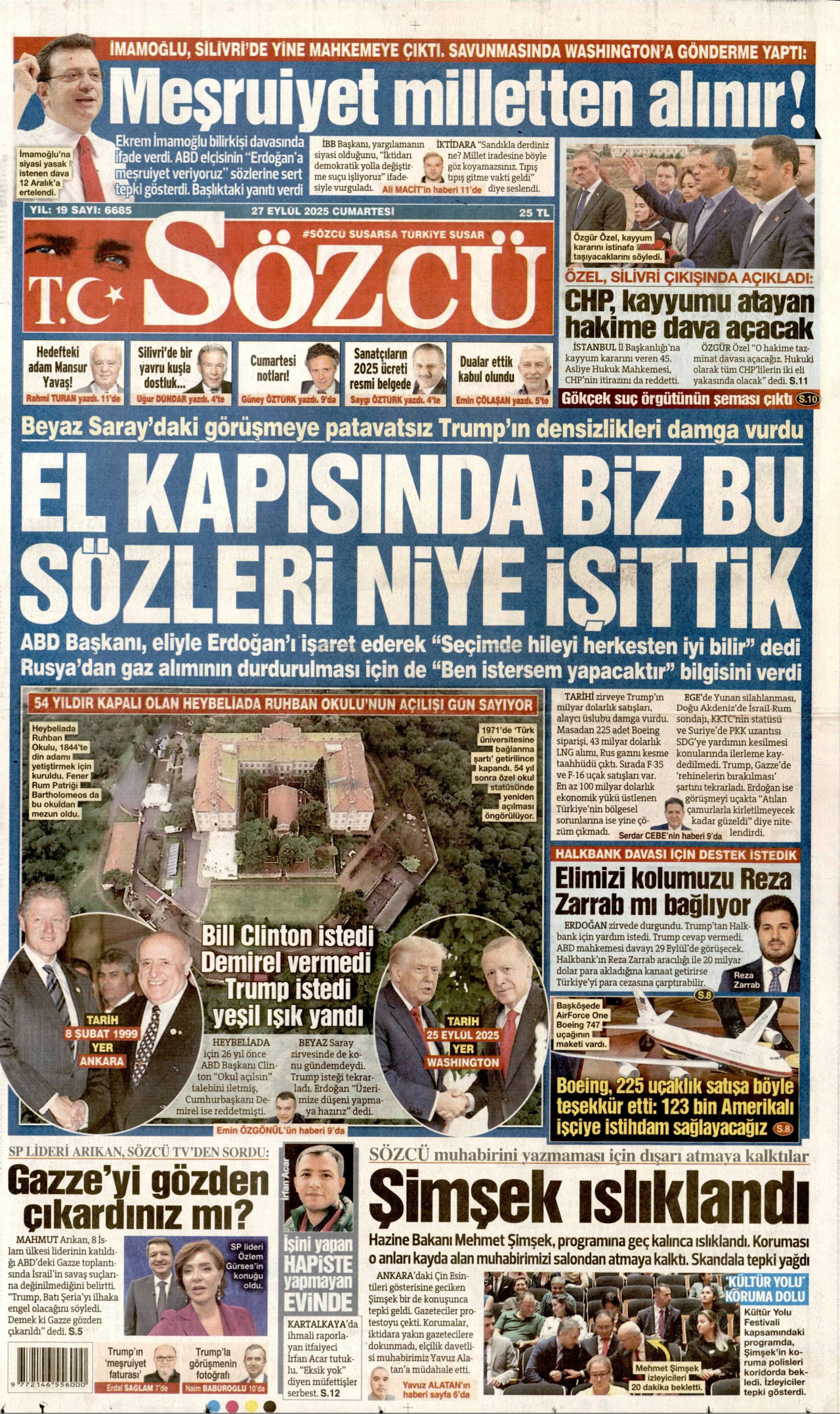 SÖZCÜ gazetesinin 27 Eylül 2025 tarihli birinci sayfası