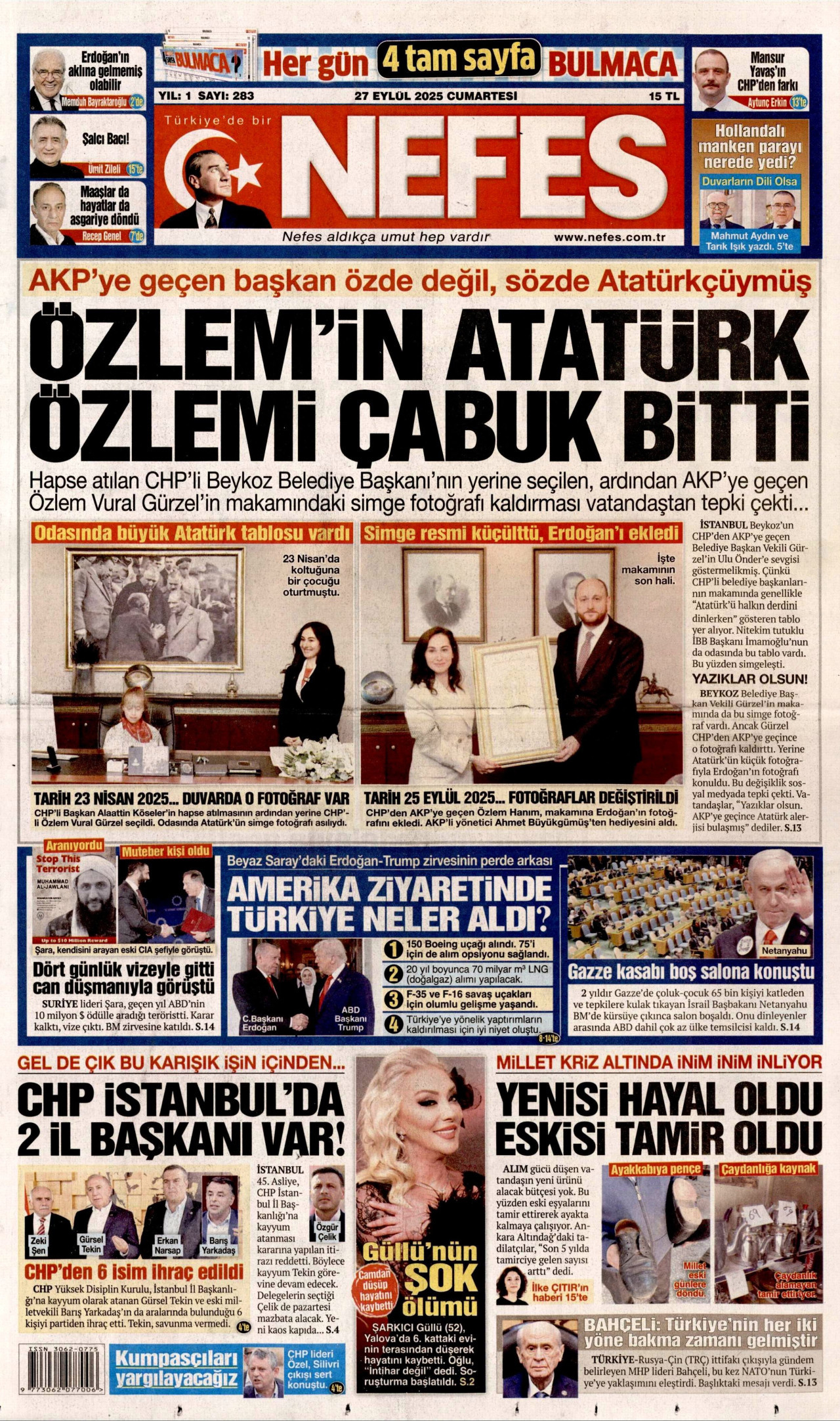 NEFES gazetesinin 27 Eylül 2025 tarihli birinci sayfası