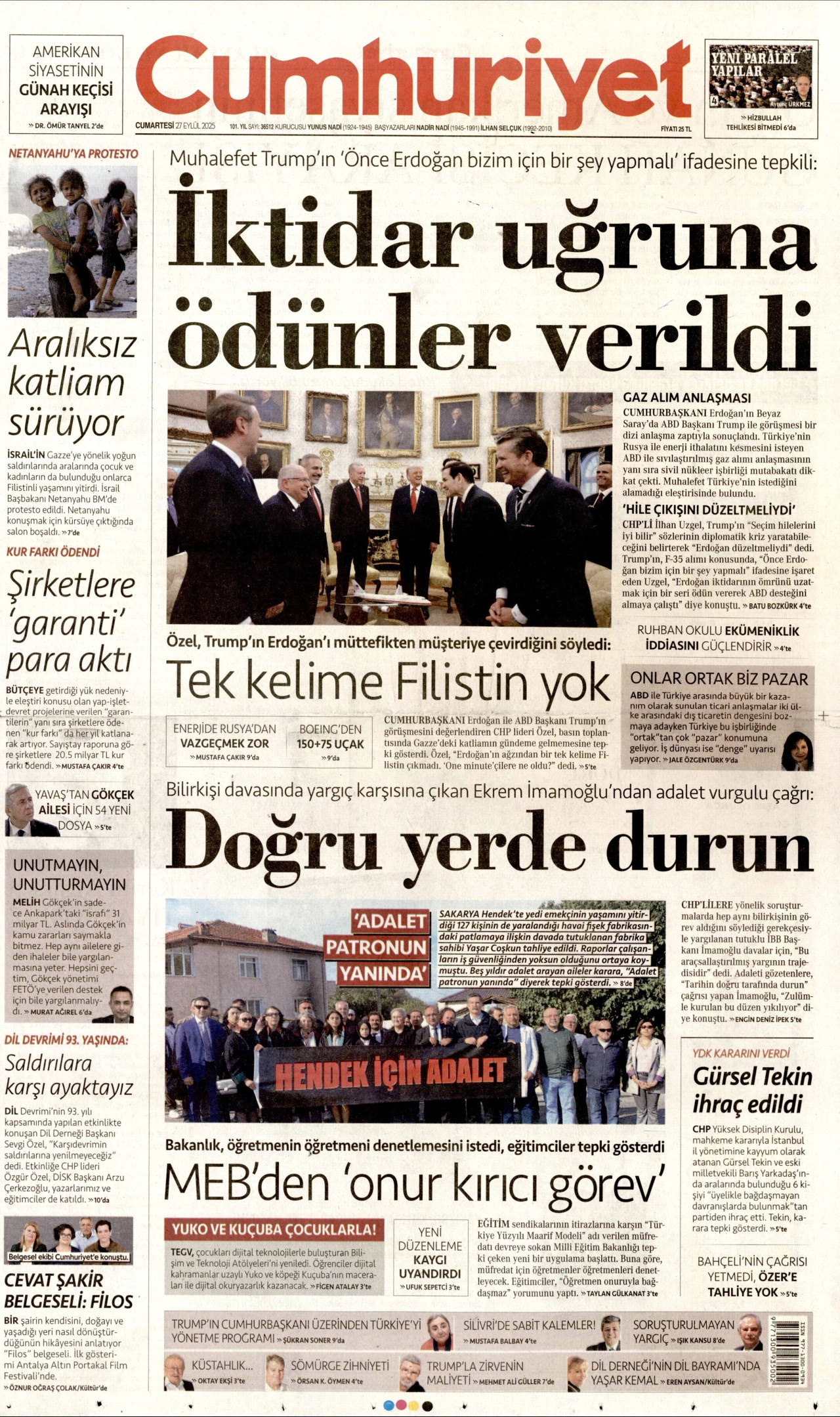 CUMHURİYET gazetesinin 27 Eylül 2025 tarihli birinci sayfası