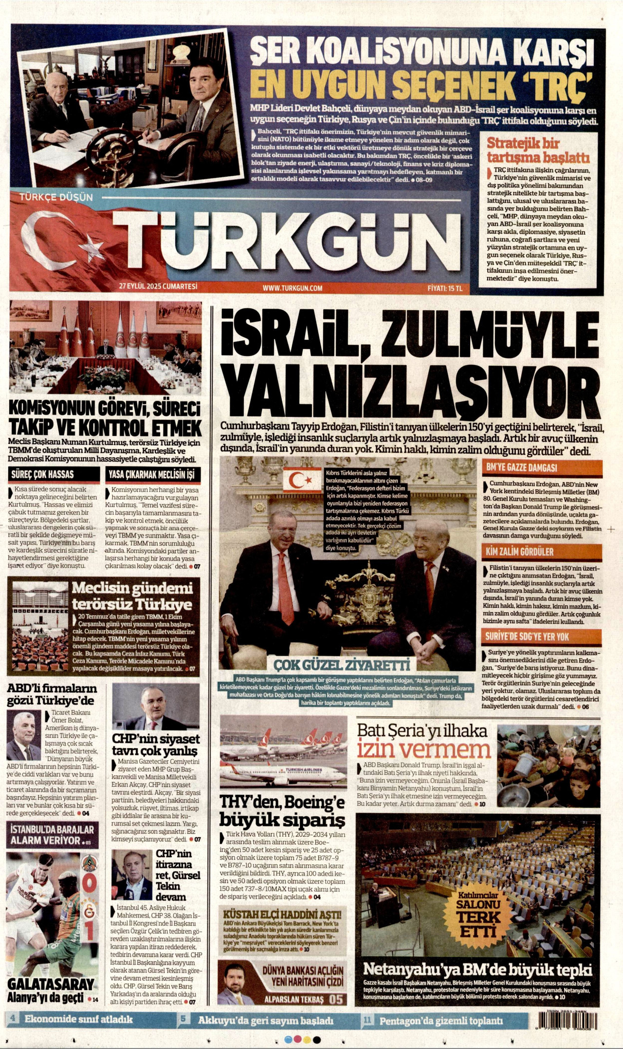 TÜRKGÜN gazetesinin 27 Eylül 2025 tarihli birinci sayfası