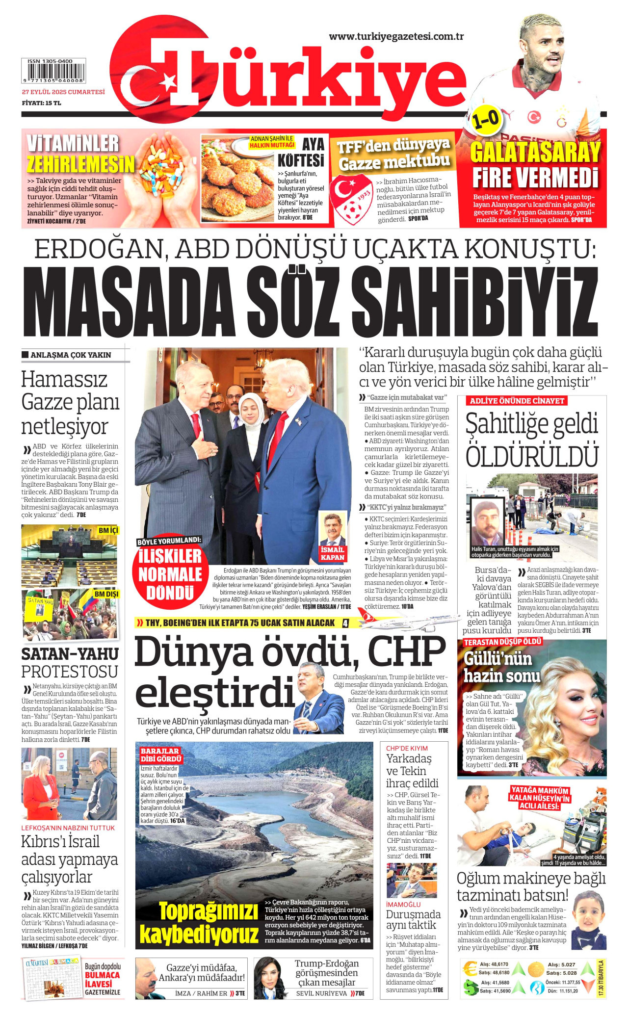 TÜRKİYE GAZETESİ gazetesinin 27 Eylül 2025 tarihli birinci sayfası