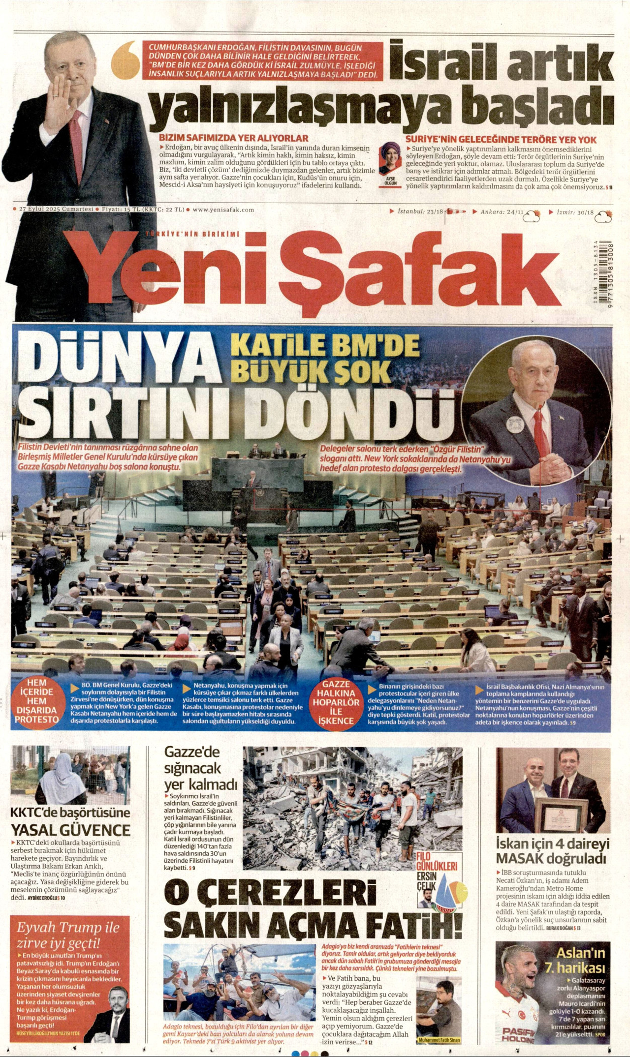 YENİ ŞAFAK gazetesinin 27 Eylül 2025 tarihli birinci sayfası