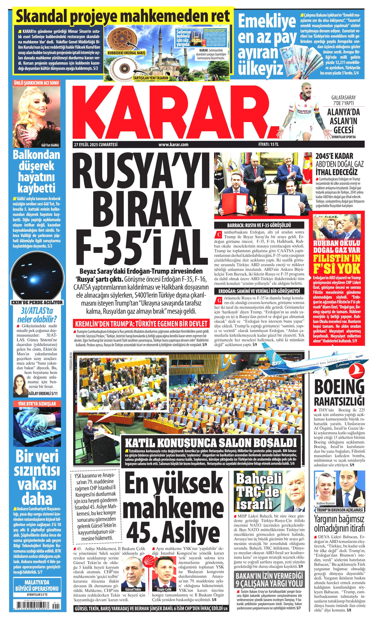 KARAR gazetesinin 27 Eylül 2025 tarihli birinci sayfası