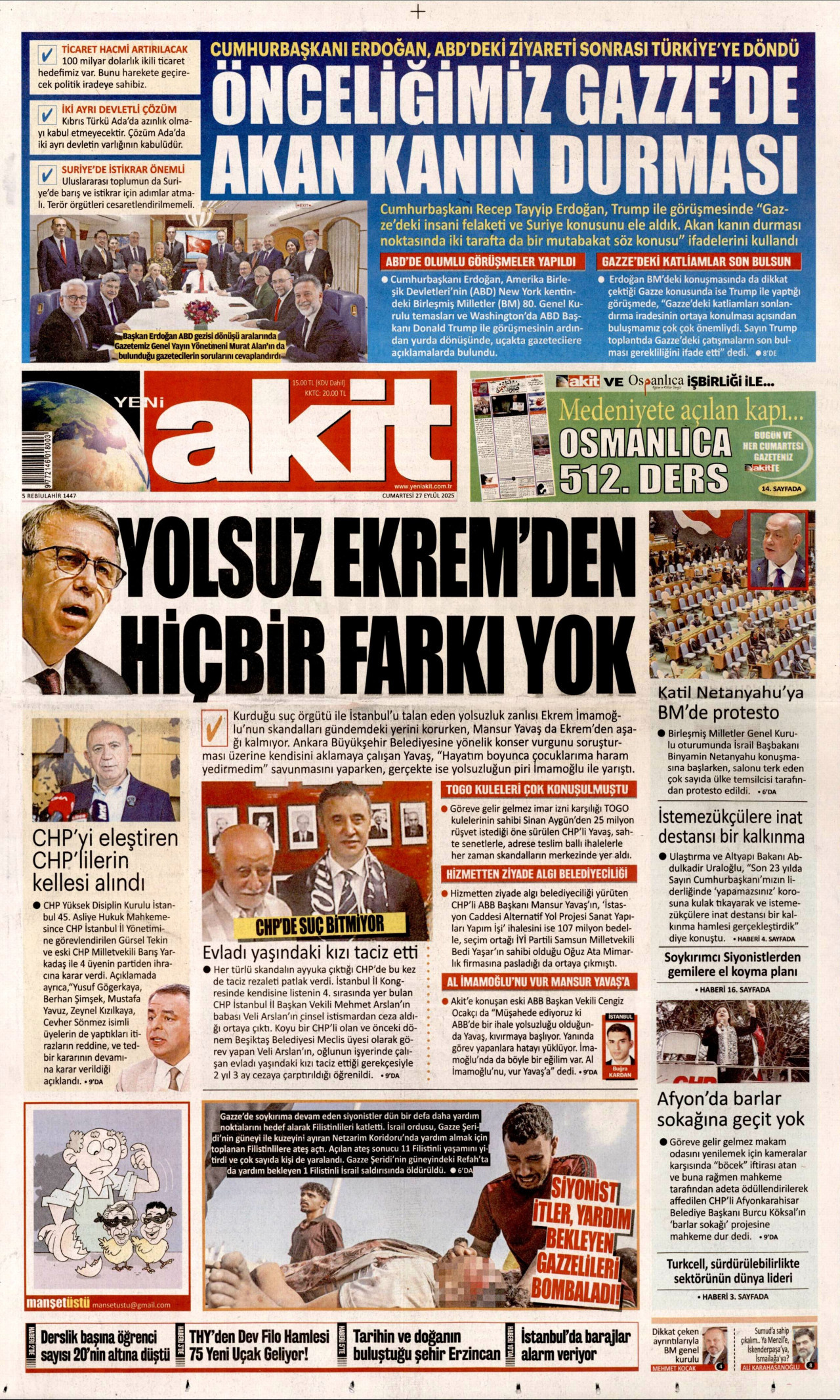 YENİ AKİT gazetesinin 27 Eylül 2025 tarihli birinci sayfası