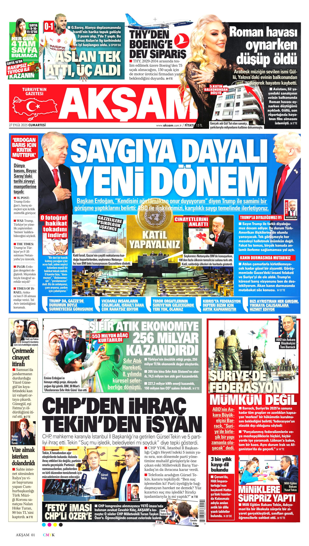 AKŞAM gazetesinin 27 Eylül 2025 tarihli birinci sayfası