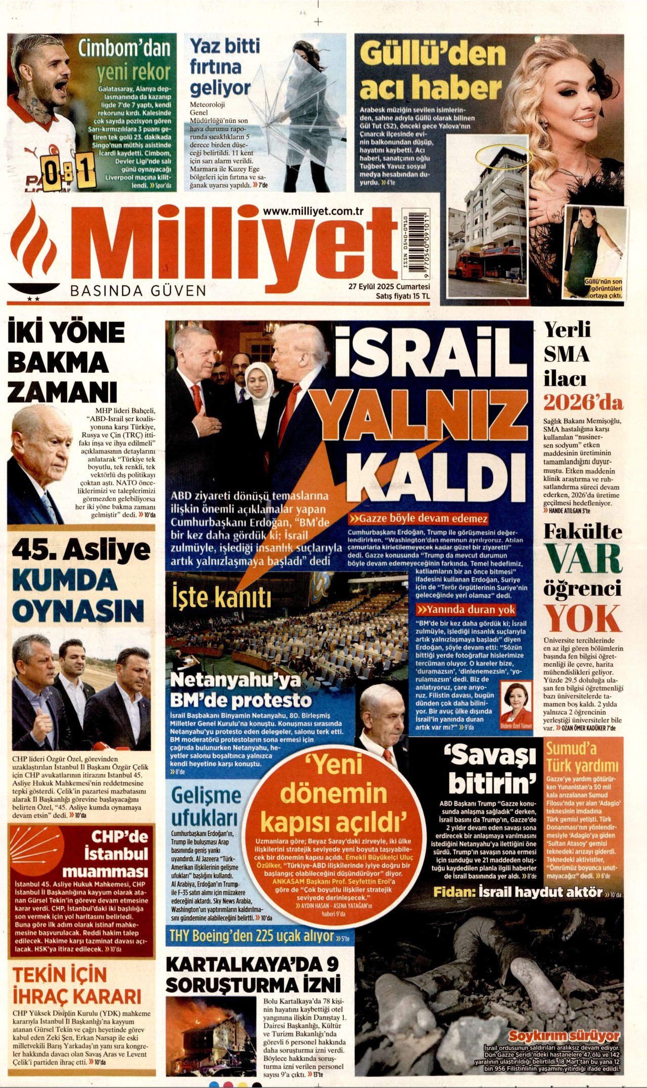 MİLLİYET gazetesinin 27 Eylül 2025 tarihli birinci sayfası
