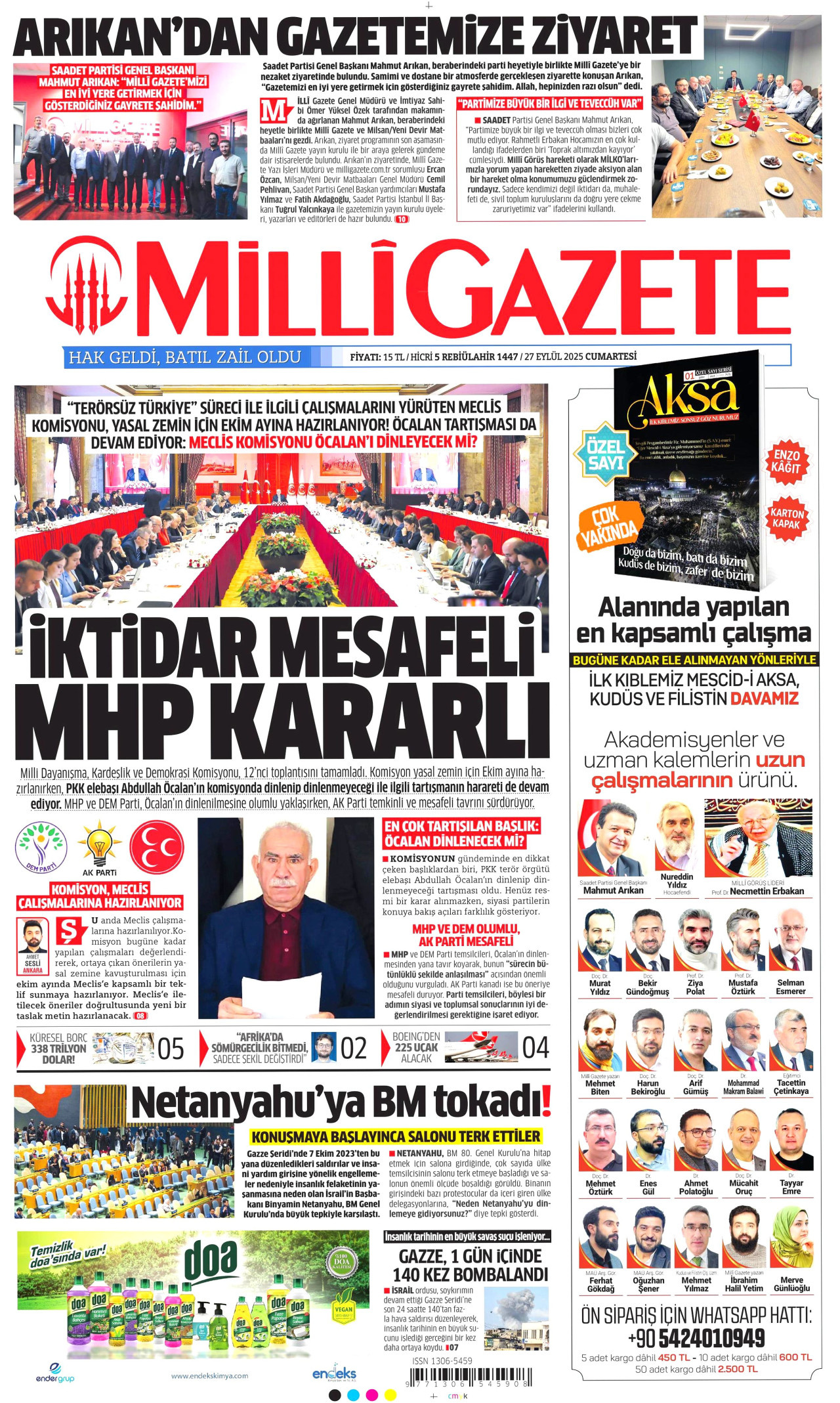 MİLLİ GAZETE gazetesinin 27 Eylül 2025 tarihli birinci sayfası