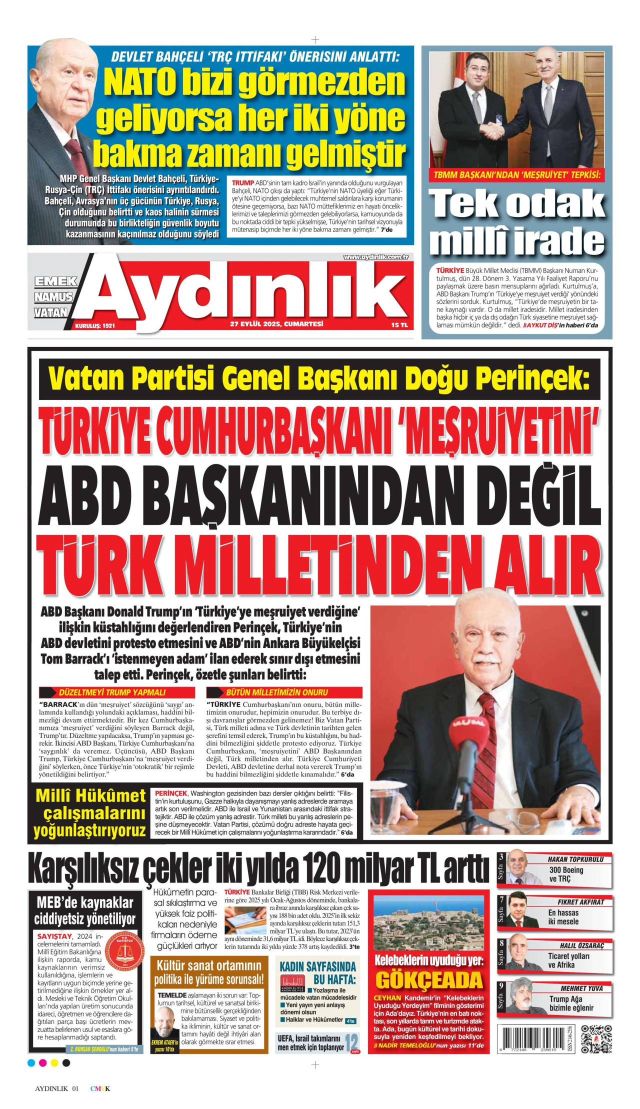 AYDINLIK GAZETESİ gazetesinin 27 Eylül 2025 tarihli birinci sayfası
