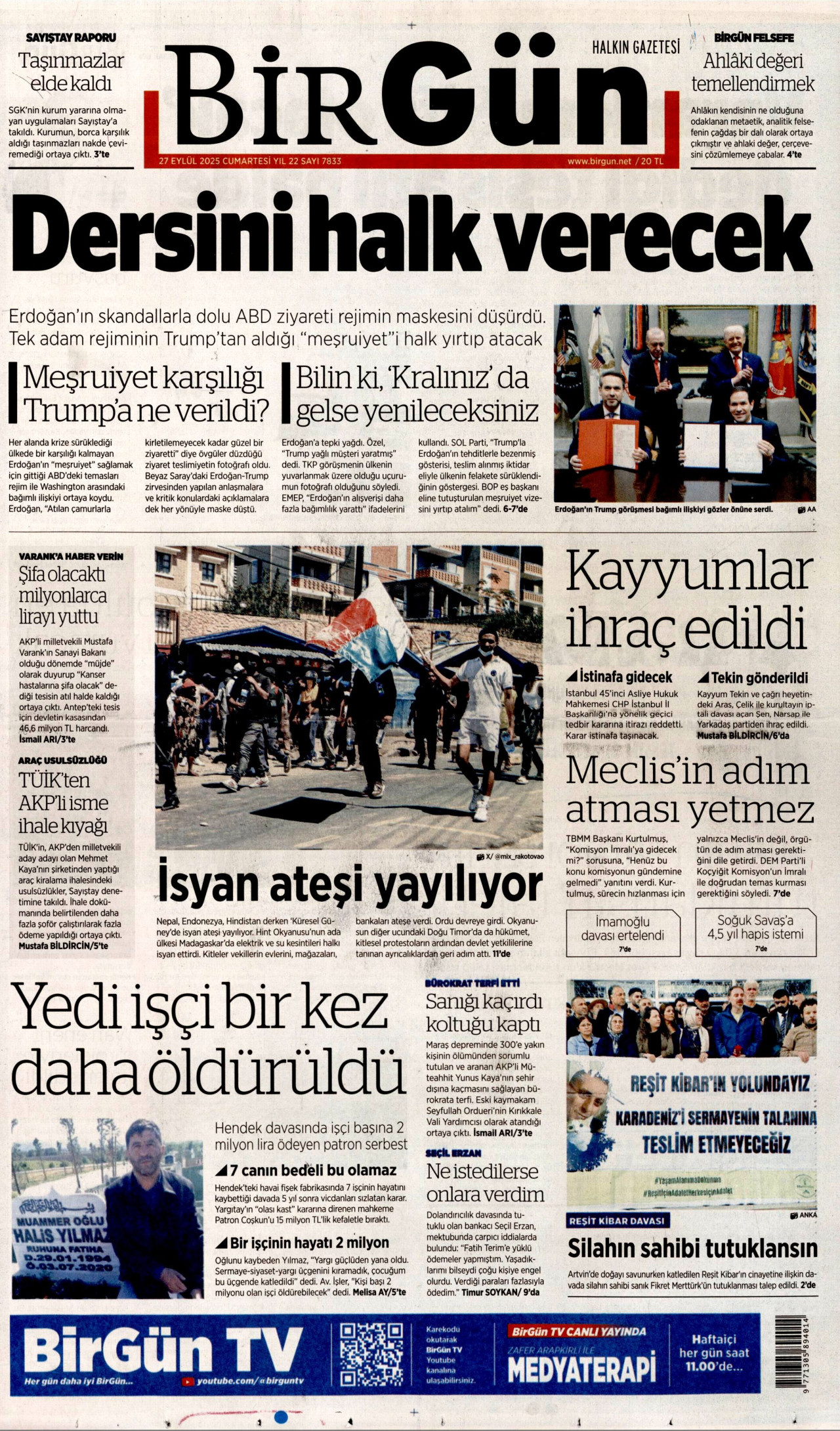 BİRGÜN gazetesinin 27 Eylül 2025 tarihli birinci sayfası