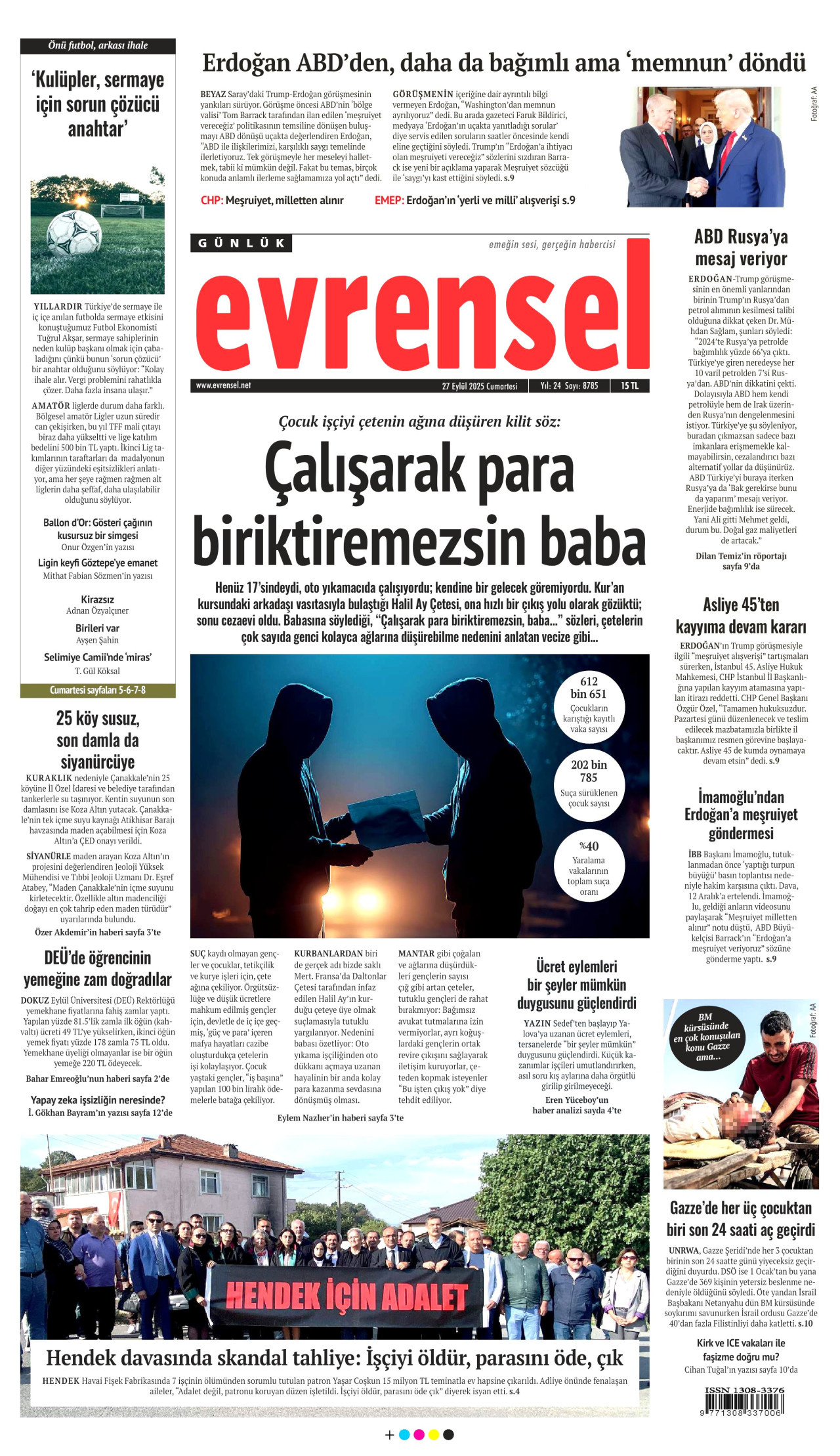 EVRENSEL gazetesinin 27 Eylül 2025 tarihli birinci sayfası
