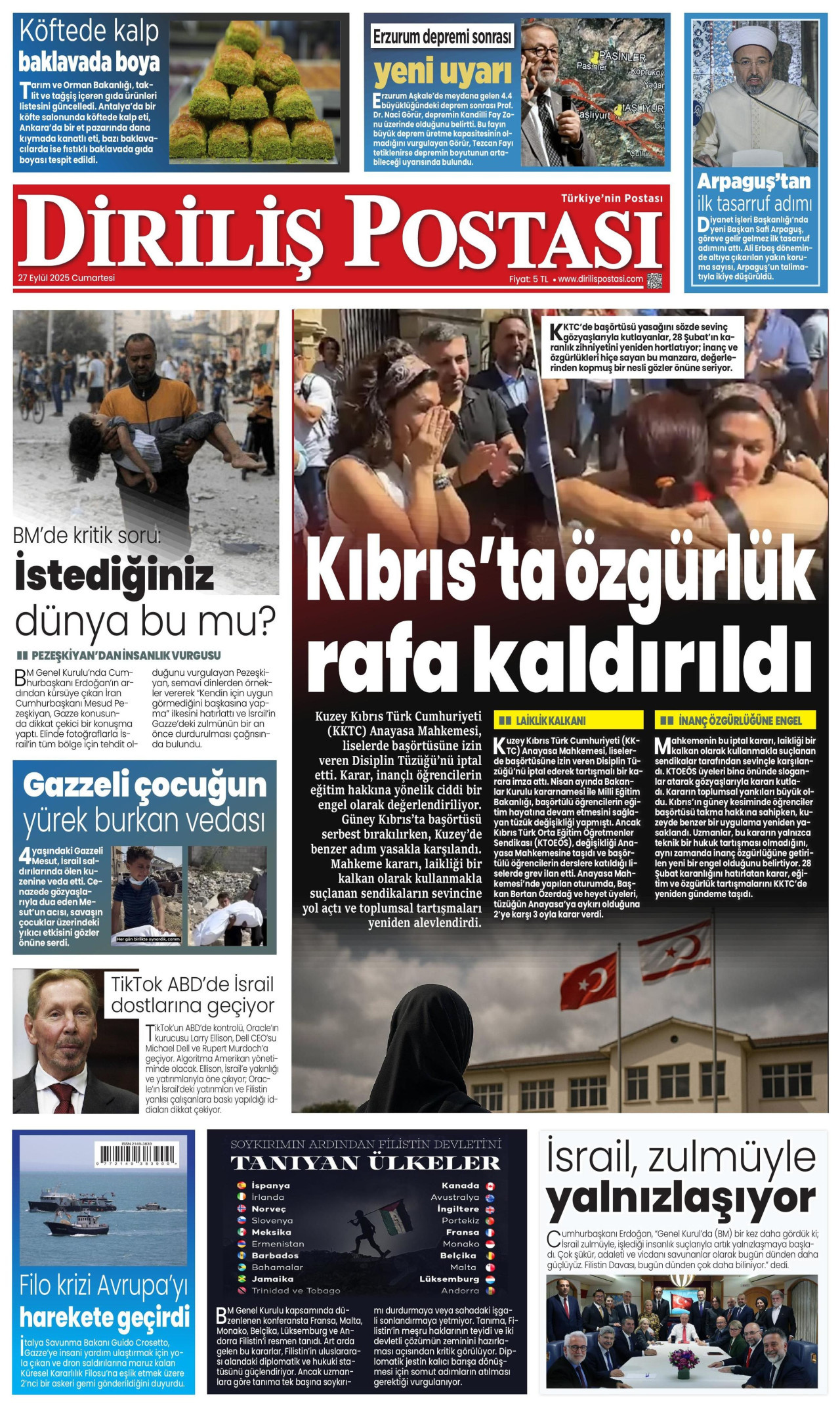 DİRİLİŞ POSTASI gazetesinin 27 Eylül 2025 tarihli birinci sayfası