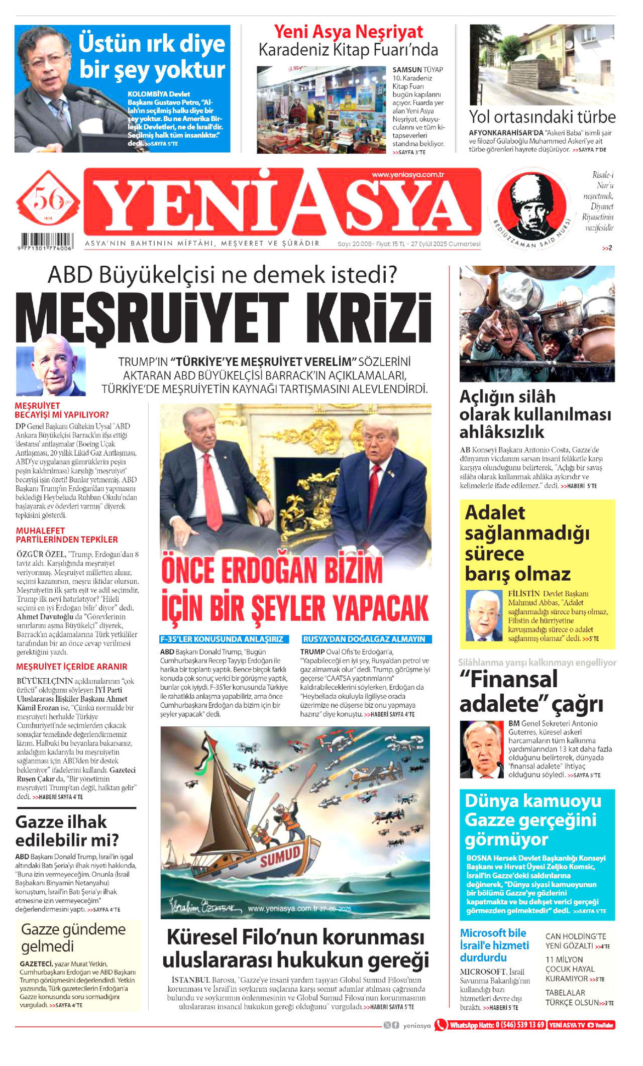 YENİ ASYA gazetesinin 27 Eylül 2025 tarihli birinci sayfası