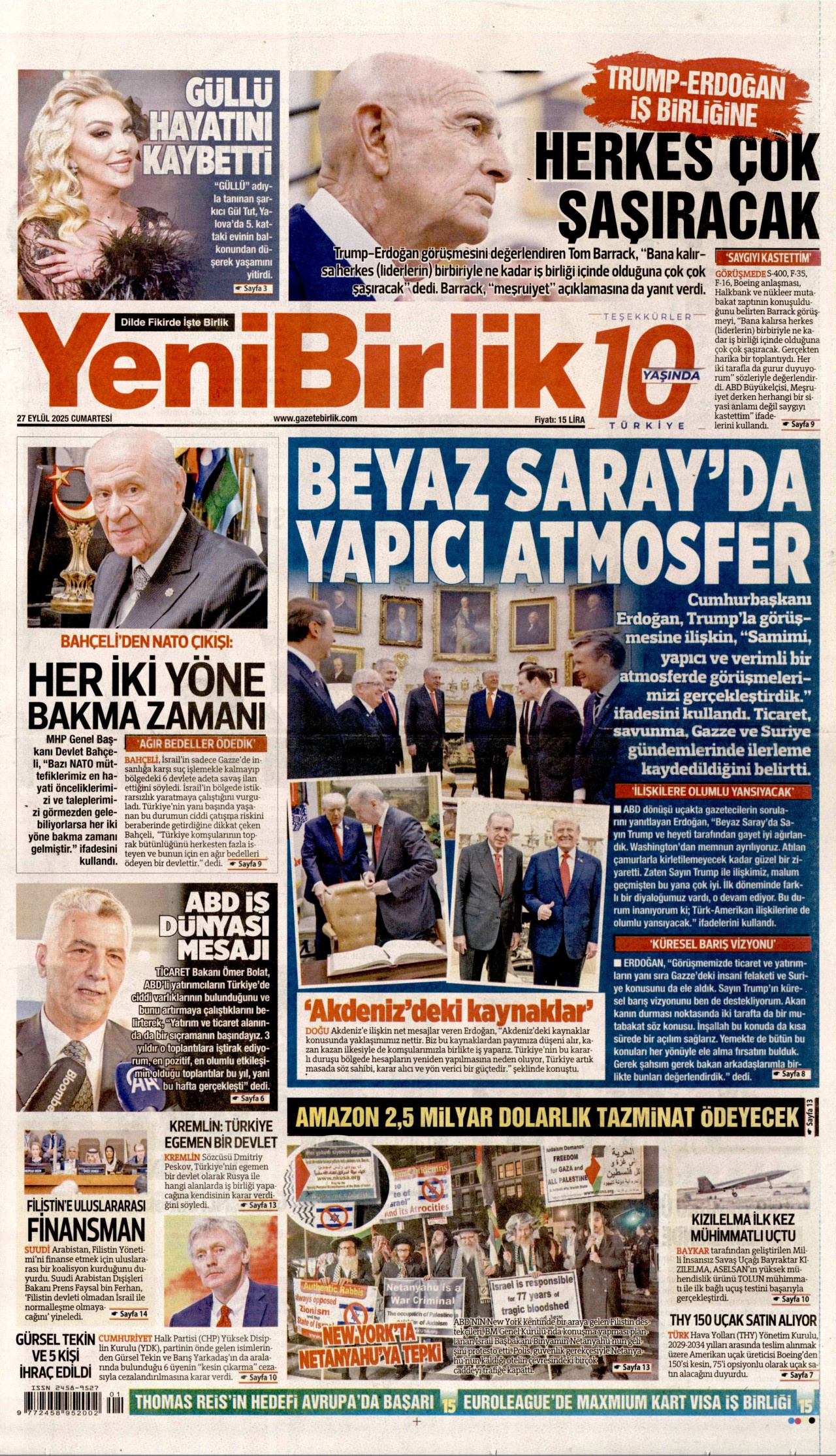 YENİBİRLİK gazetesinin 27 Eylül 2025 tarihli birinci sayfası