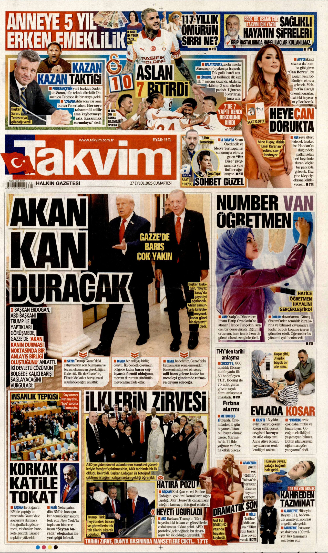 TAKVİM gazetesinin 27 Eylül 2025 tarihli birinci sayfası