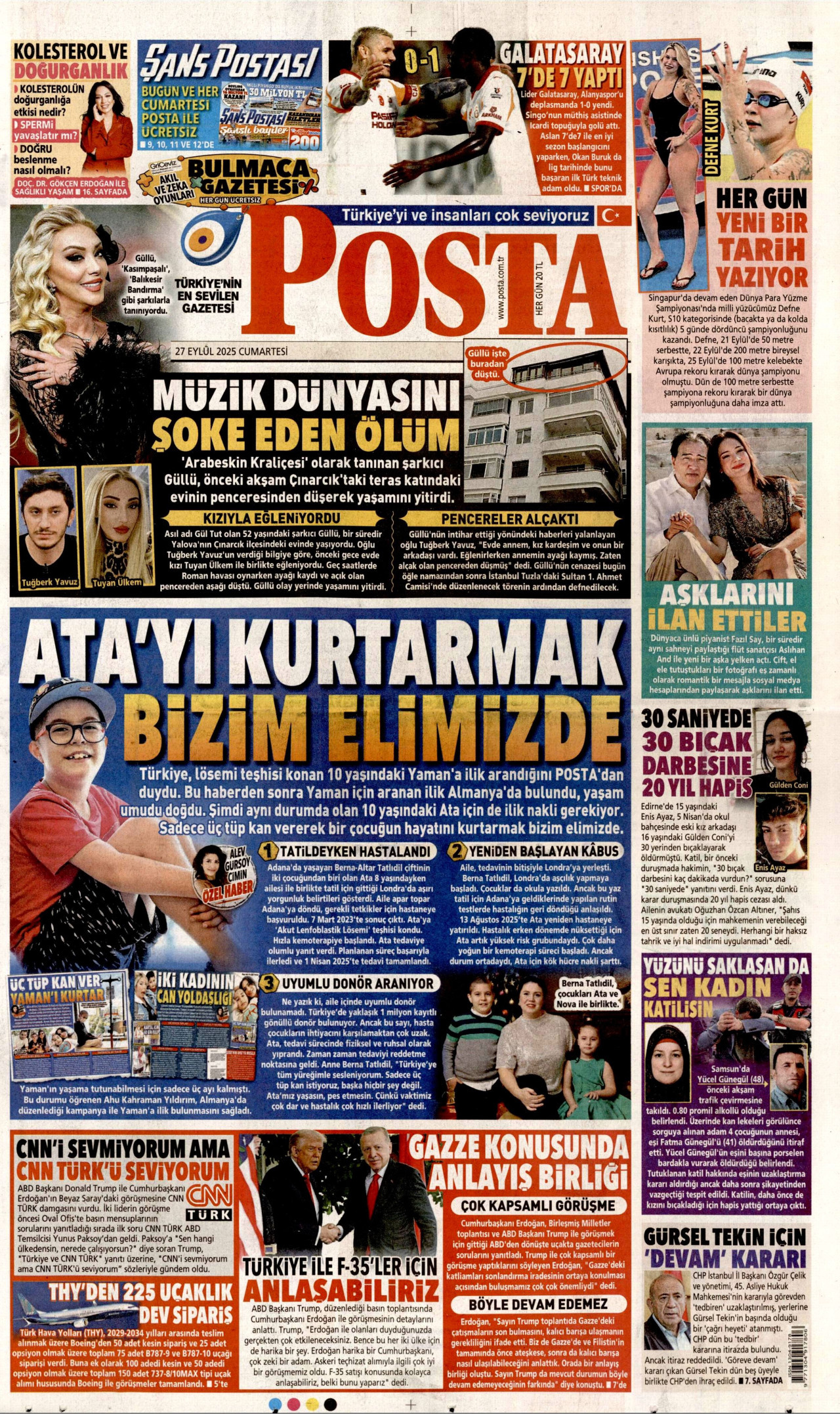 POSTA gazetesinin 27 Eylül 2025 tarihli birinci sayfası