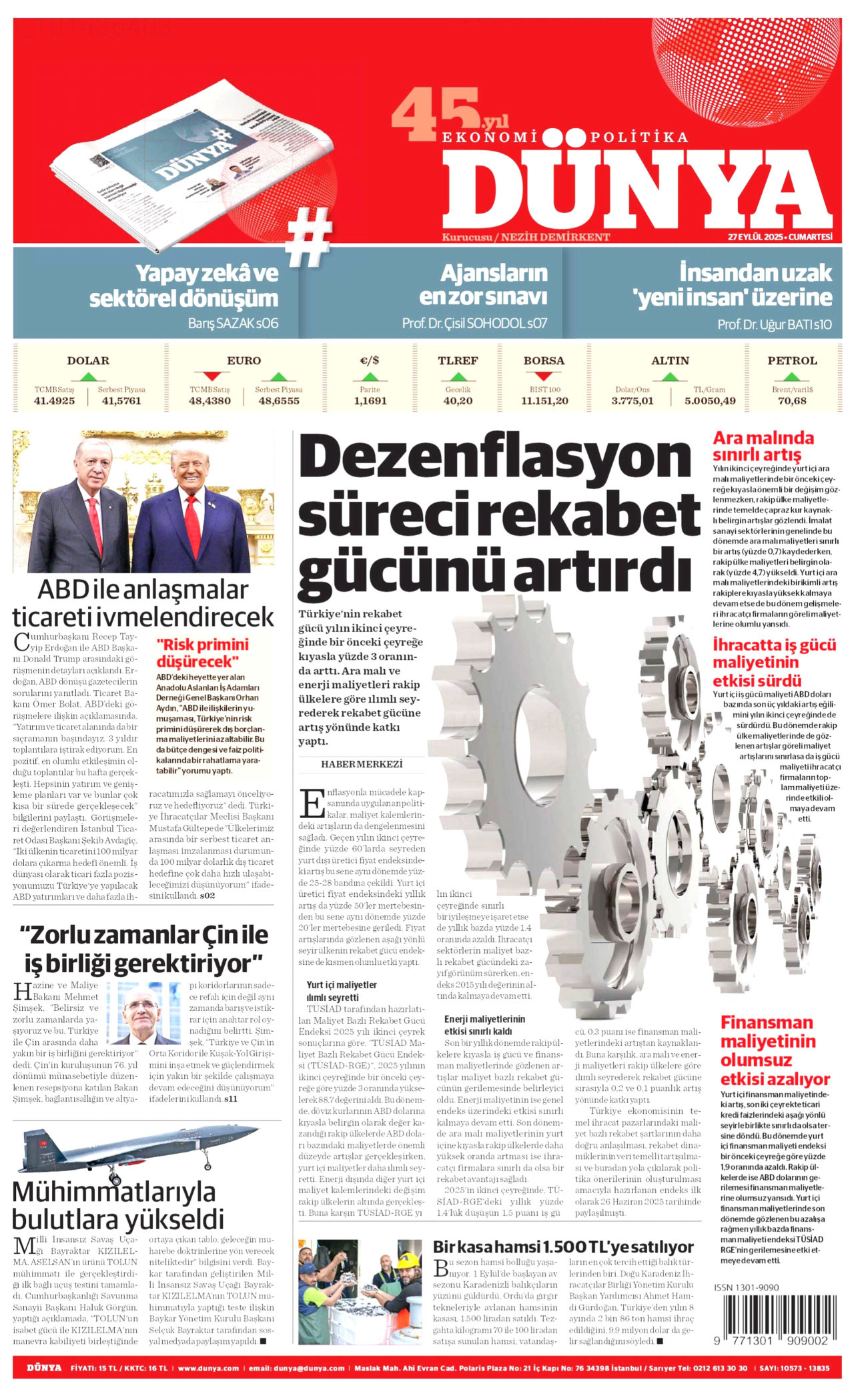 DÜNYA gazetesinin 27 Eylül 2025 tarihli birinci sayfası