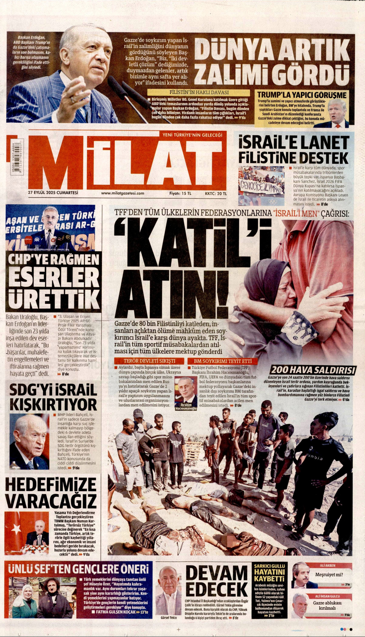 MİLAT gazetesinin 27 Eylül 2025 tarihli birinci sayfası