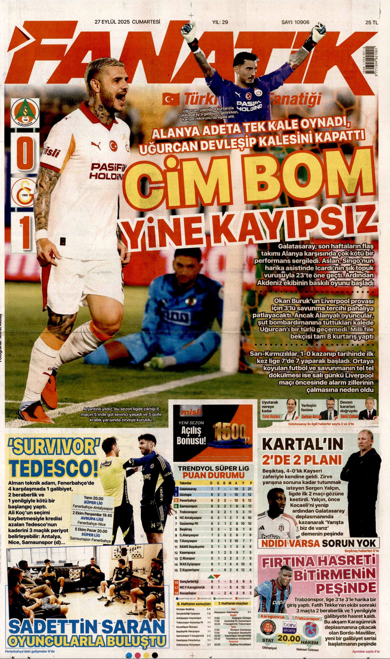 FANATİK gazetesinin 27 Eylül 2025 tarihli birinci sayfası