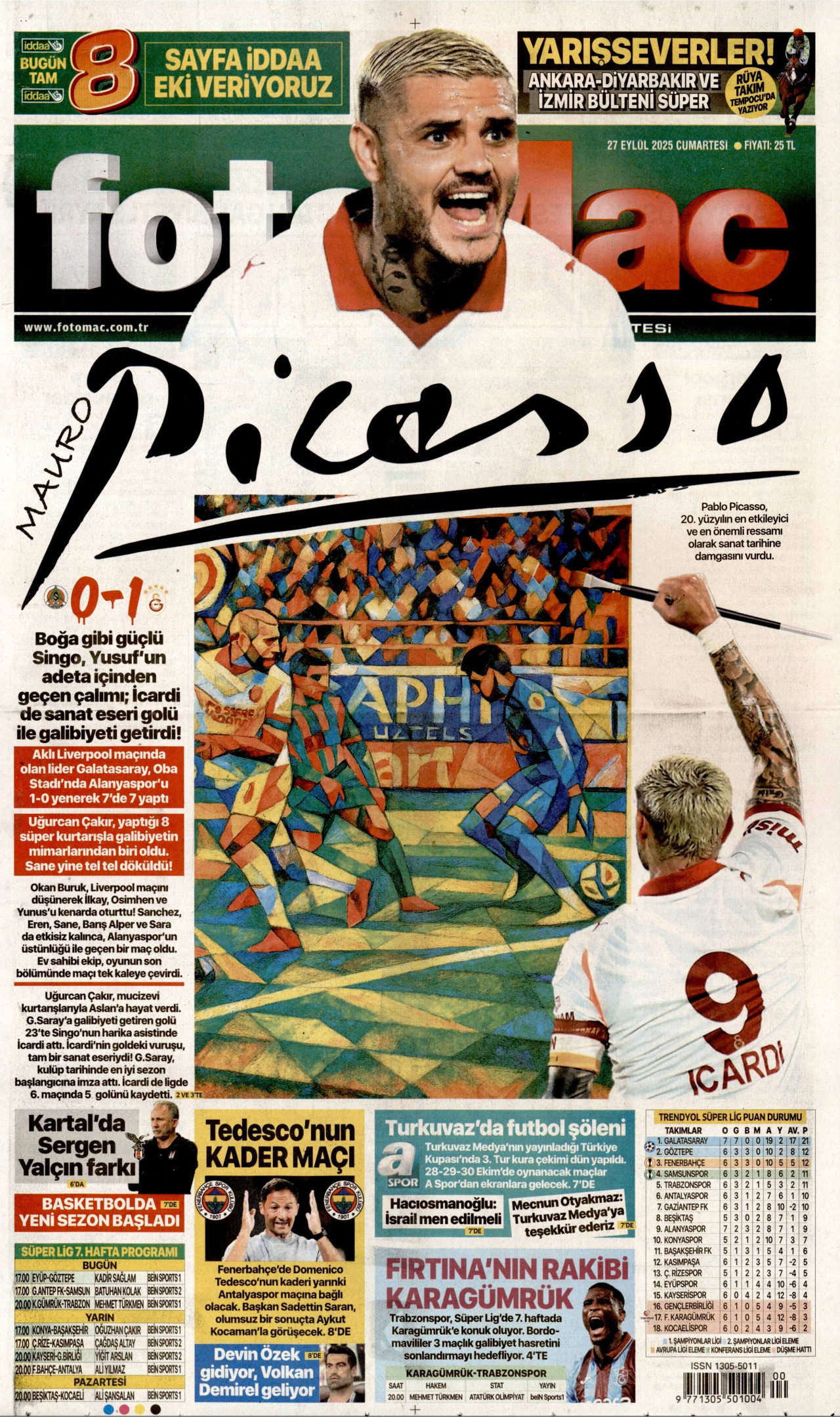 FOTOMAÇ gazetesinin 27 Eylül 2025 tarihli birinci sayfası