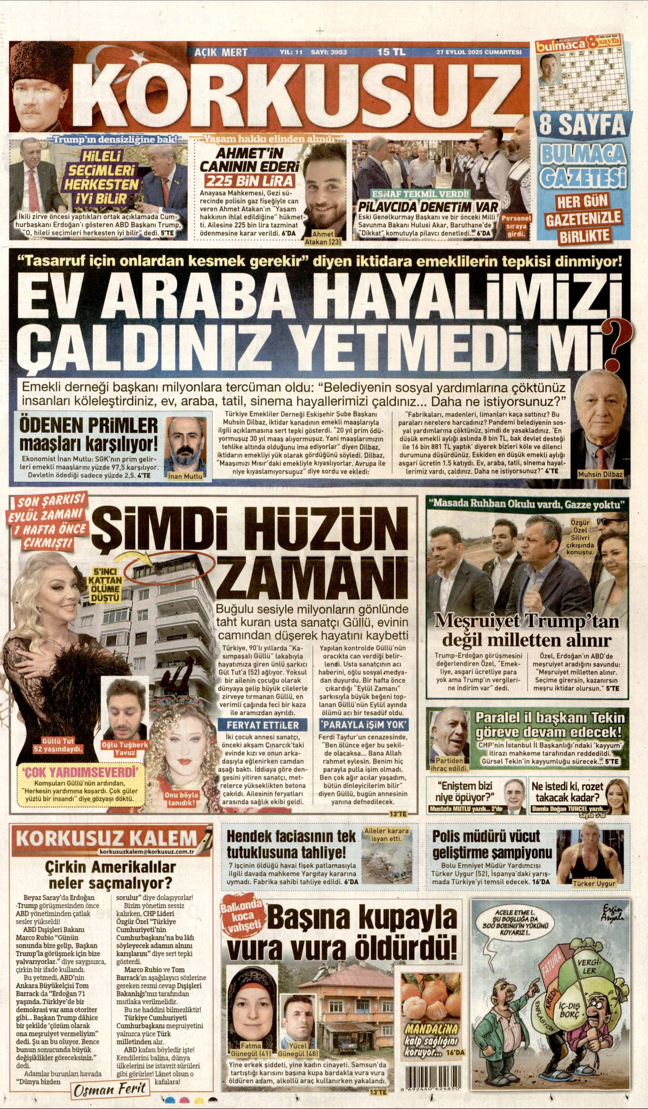 KORKUSUZ gazetesinin 27 Eylül 2025 tarihli birinci sayfası