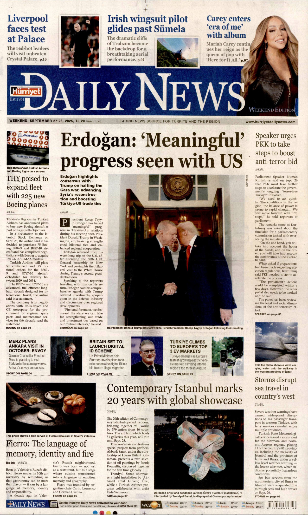 HÜRRİYET DAİLY NEWS gazetesinin 27 Eylül 2025 tarihli birinci sayfası