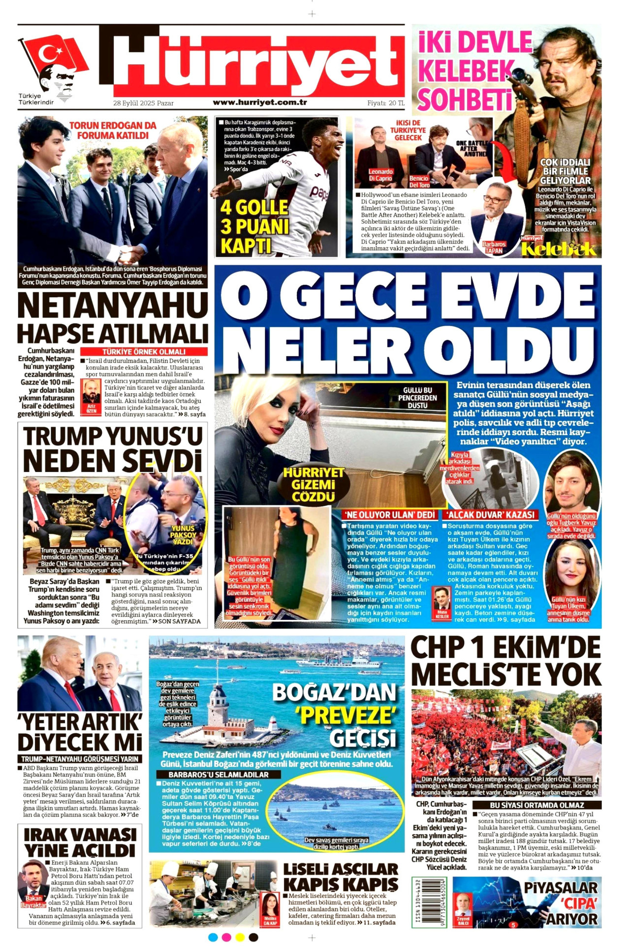 HÜRRİYET gazetesinin 28 Eylül 2025 tarihli birinci sayfası