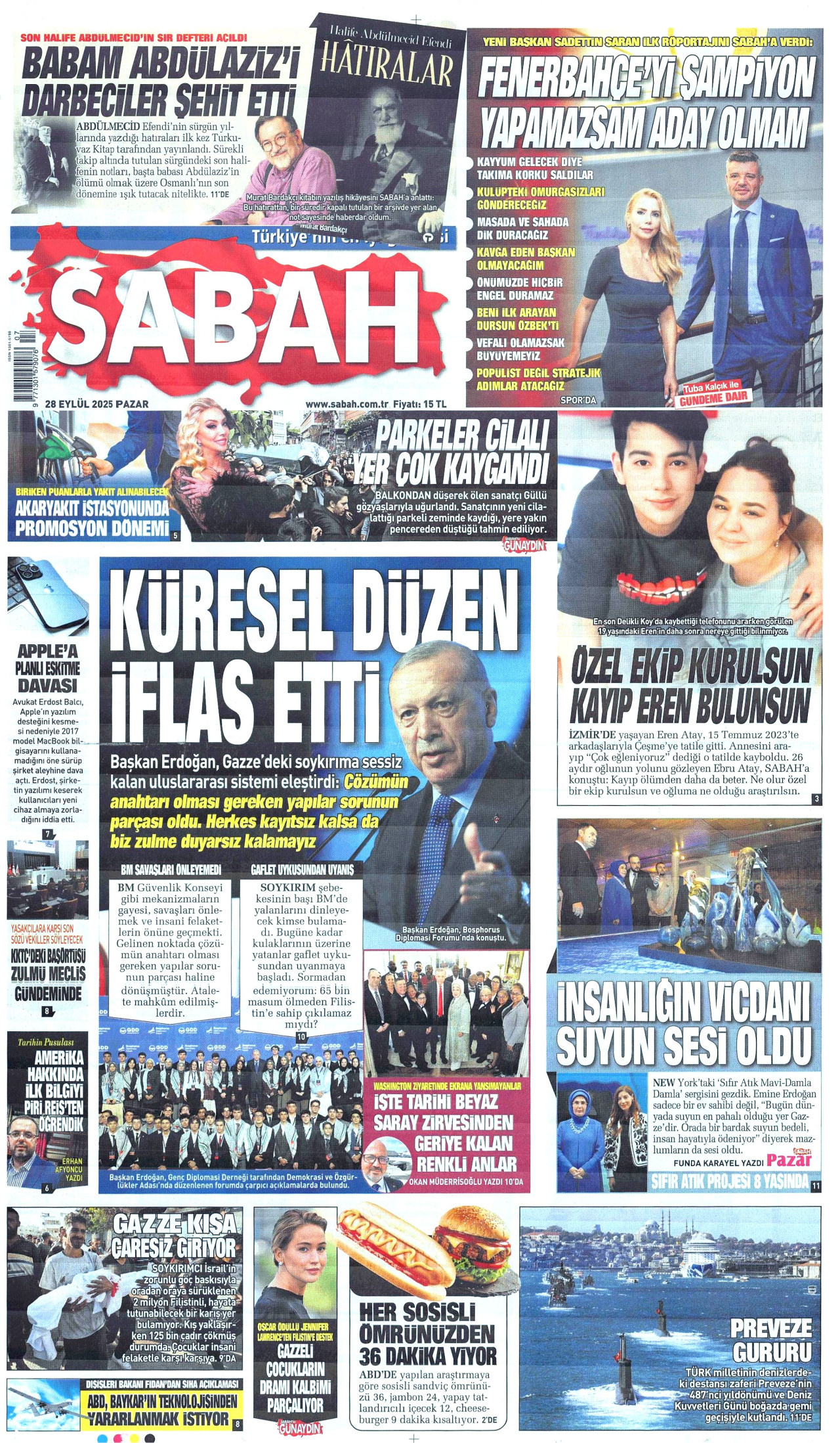 SABAH gazetesinin 28 Eylül 2025 tarihli birinci sayfası