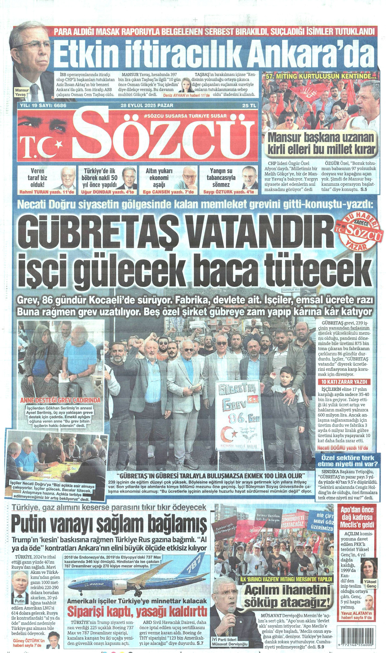 SÖZCÜ gazetesinin 28 Eylül 2025 tarihli birinci sayfası