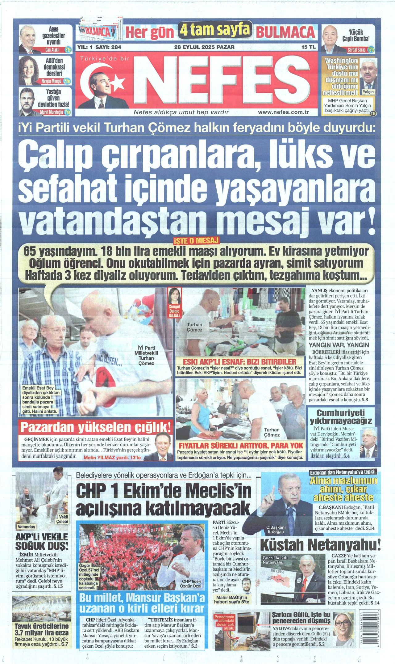 NEFES gazetesinin 28 Eylül 2025 tarihli birinci sayfası