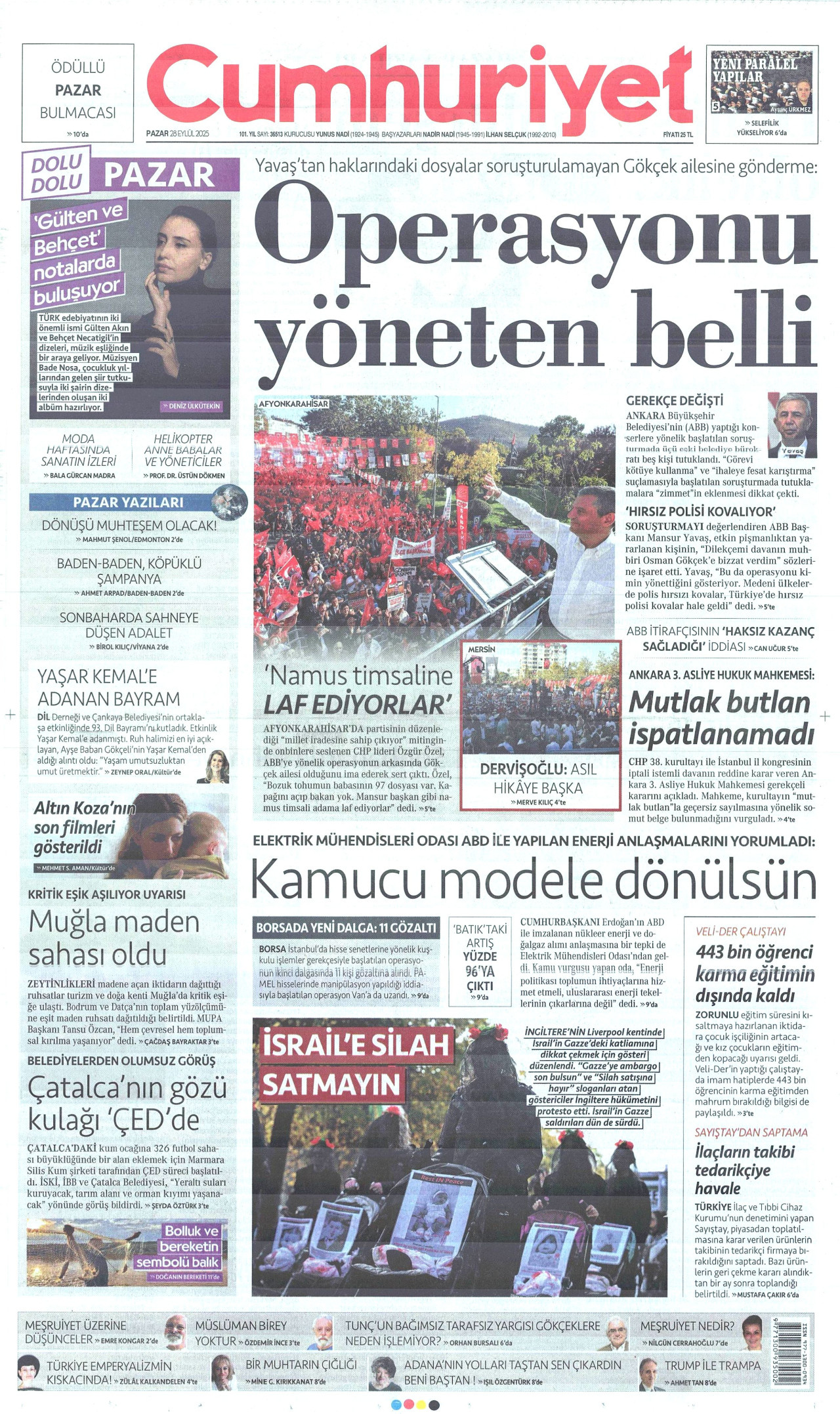 CUMHURİYET gazetesinin 28 Eylül 2025 tarihli birinci sayfası