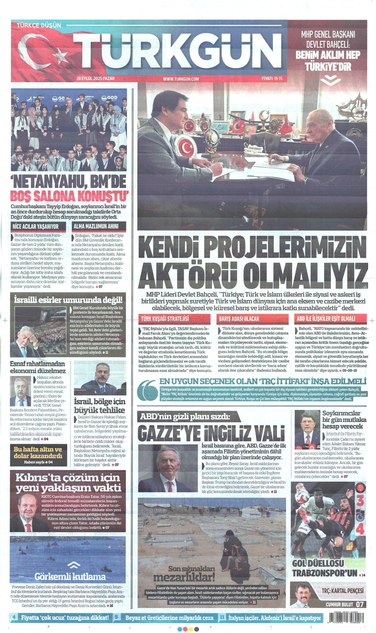 TÜRKGÜN gazetesinin 28 Eylül 2025 tarihli birinci sayfası