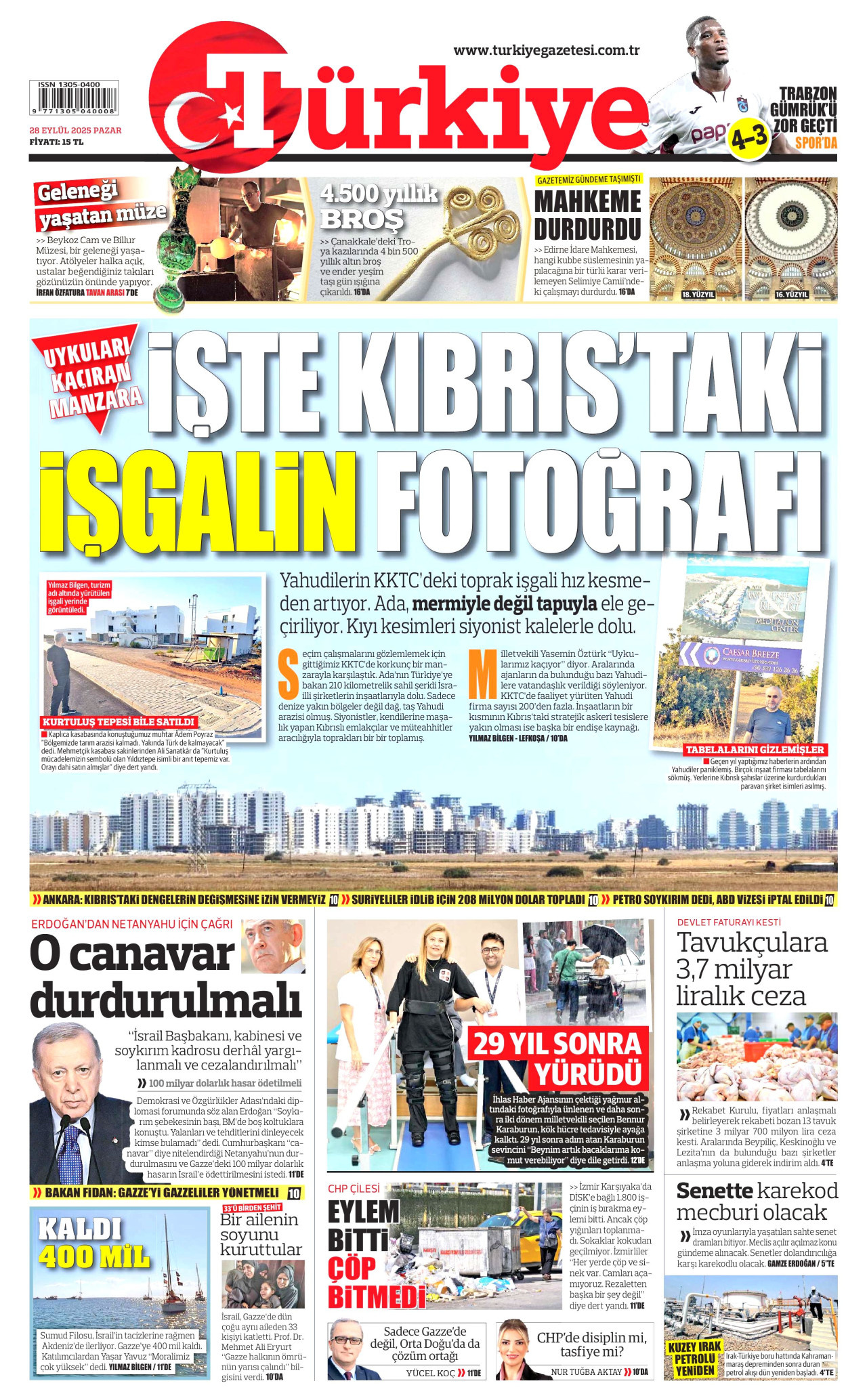 TÜRKİYE GAZETESİ gazetesinin 28 Eylül 2025 tarihli birinci sayfası