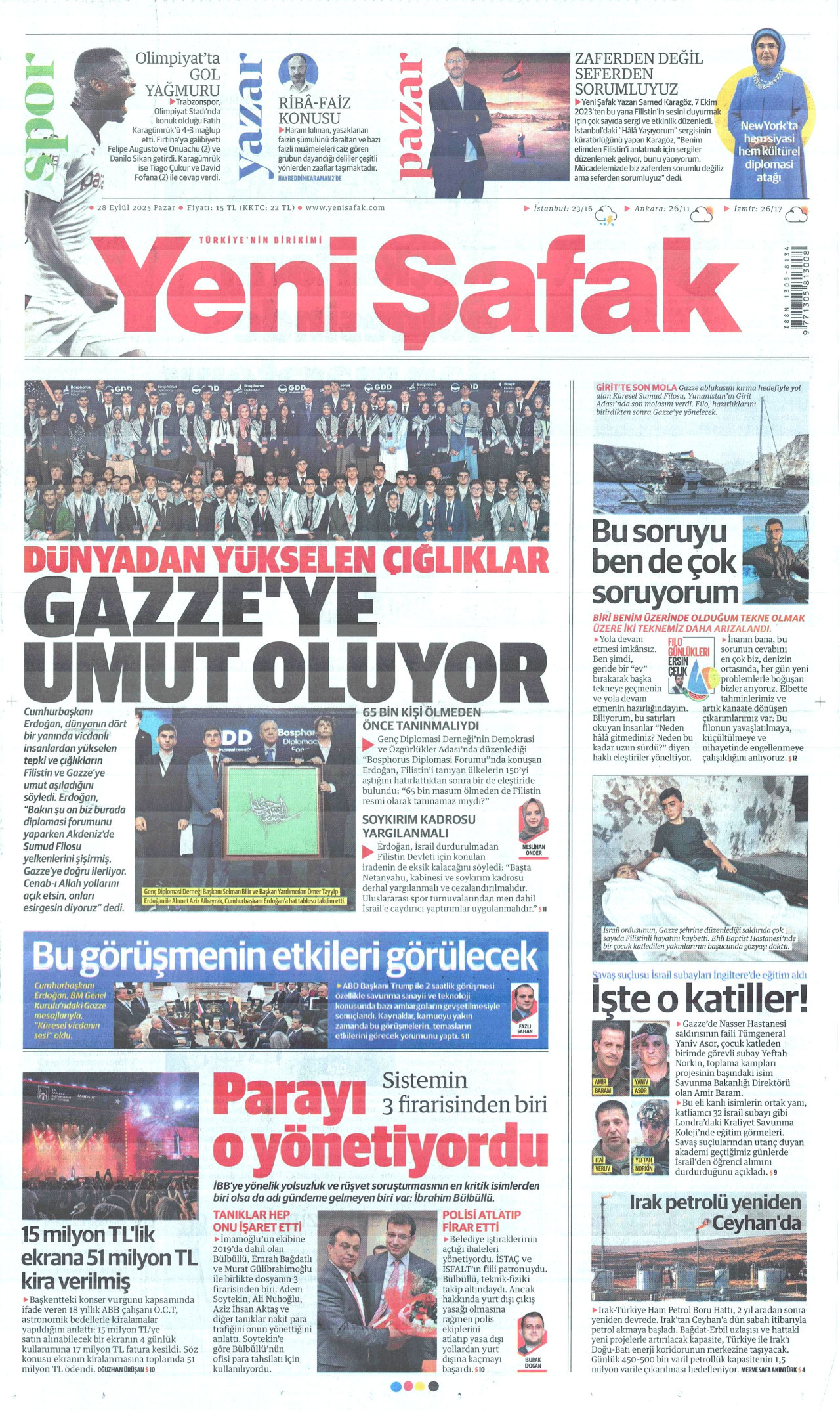 YENİ ŞAFAK gazetesinin 28 Eylül 2025 tarihli birinci sayfası