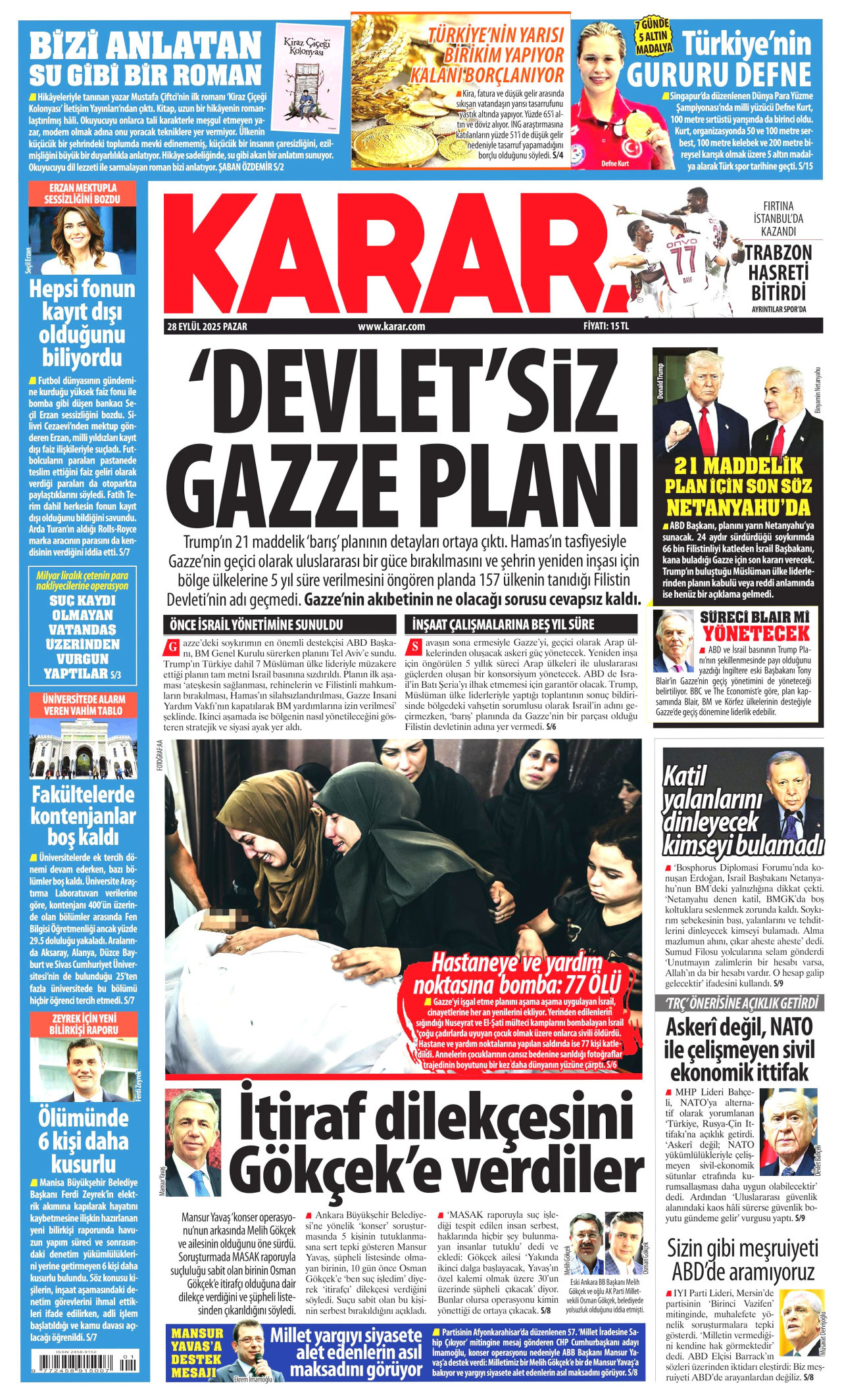 KARAR gazetesinin 28 Eylül 2025 tarihli birinci sayfası