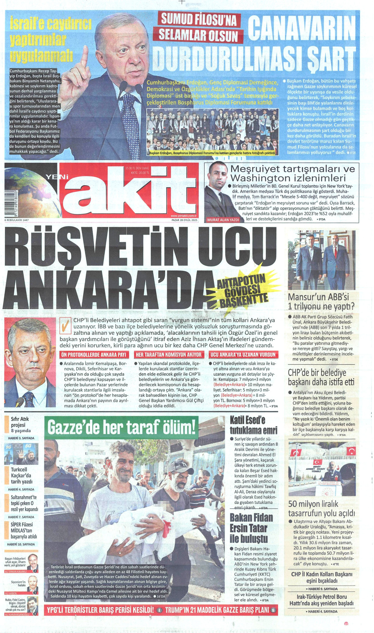 YENİ AKİT gazetesinin 28 Eylül 2025 tarihli birinci sayfası