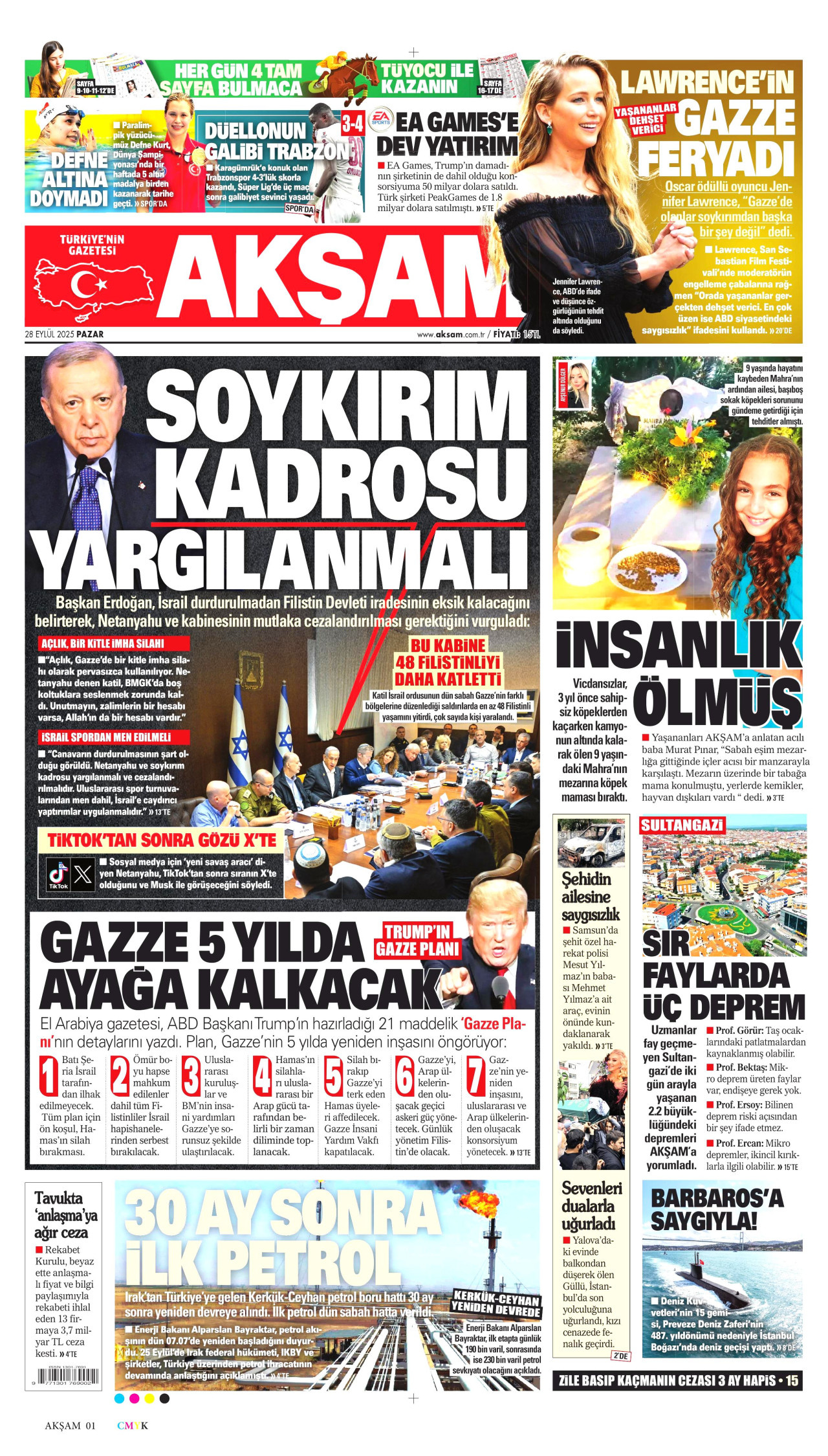 AKŞAM gazetesinin 28 Eylül 2025 tarihli birinci sayfası