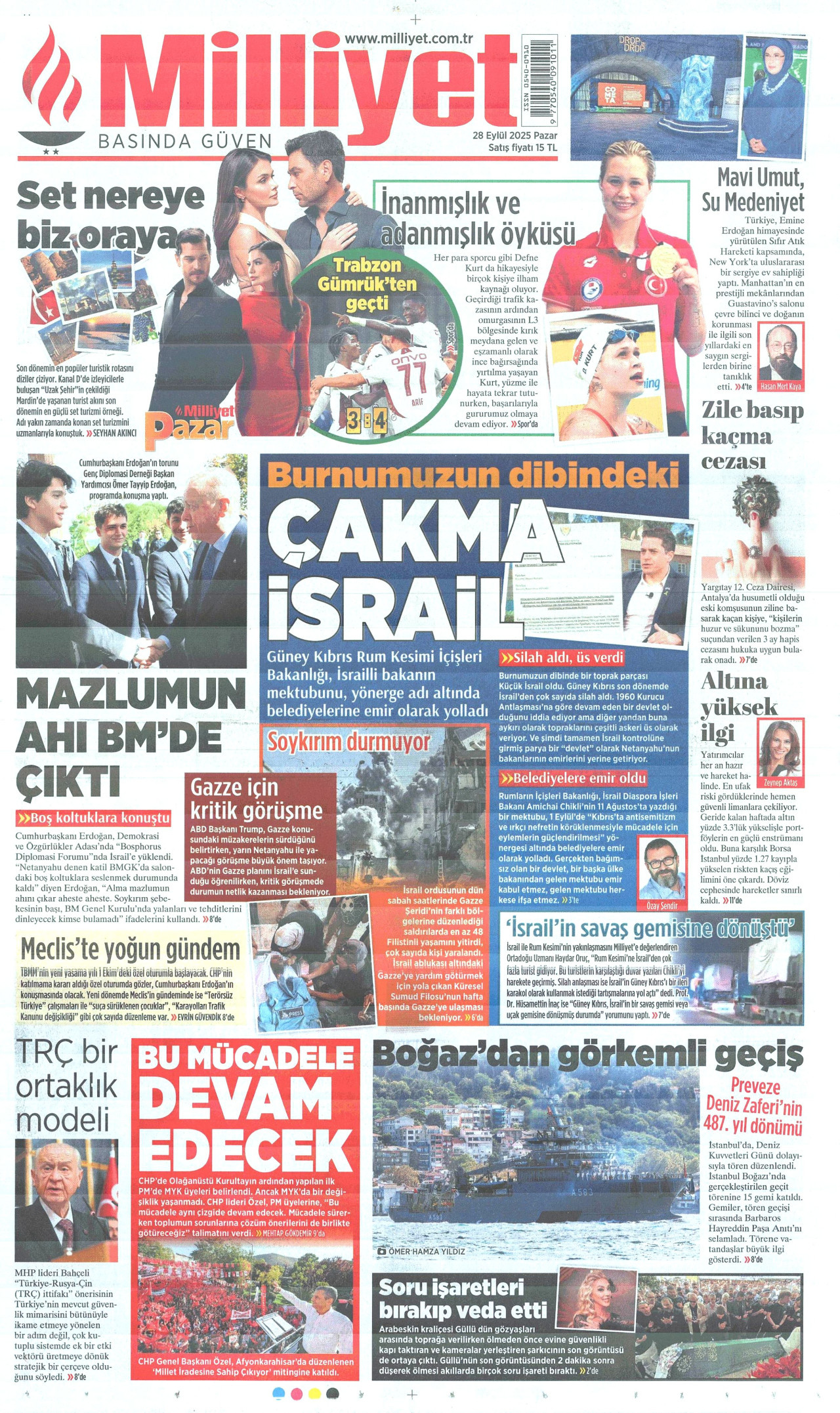 MİLLİYET gazetesinin 28 Eylül 2025 tarihli birinci sayfası