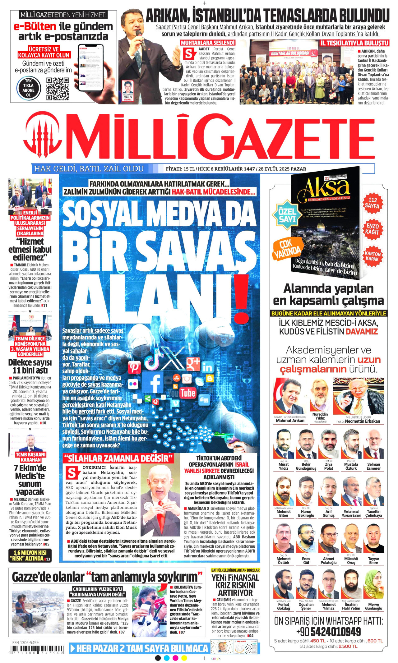 MİLLİ GAZETE gazetesinin 28 Eylül 2025 tarihli birinci sayfası