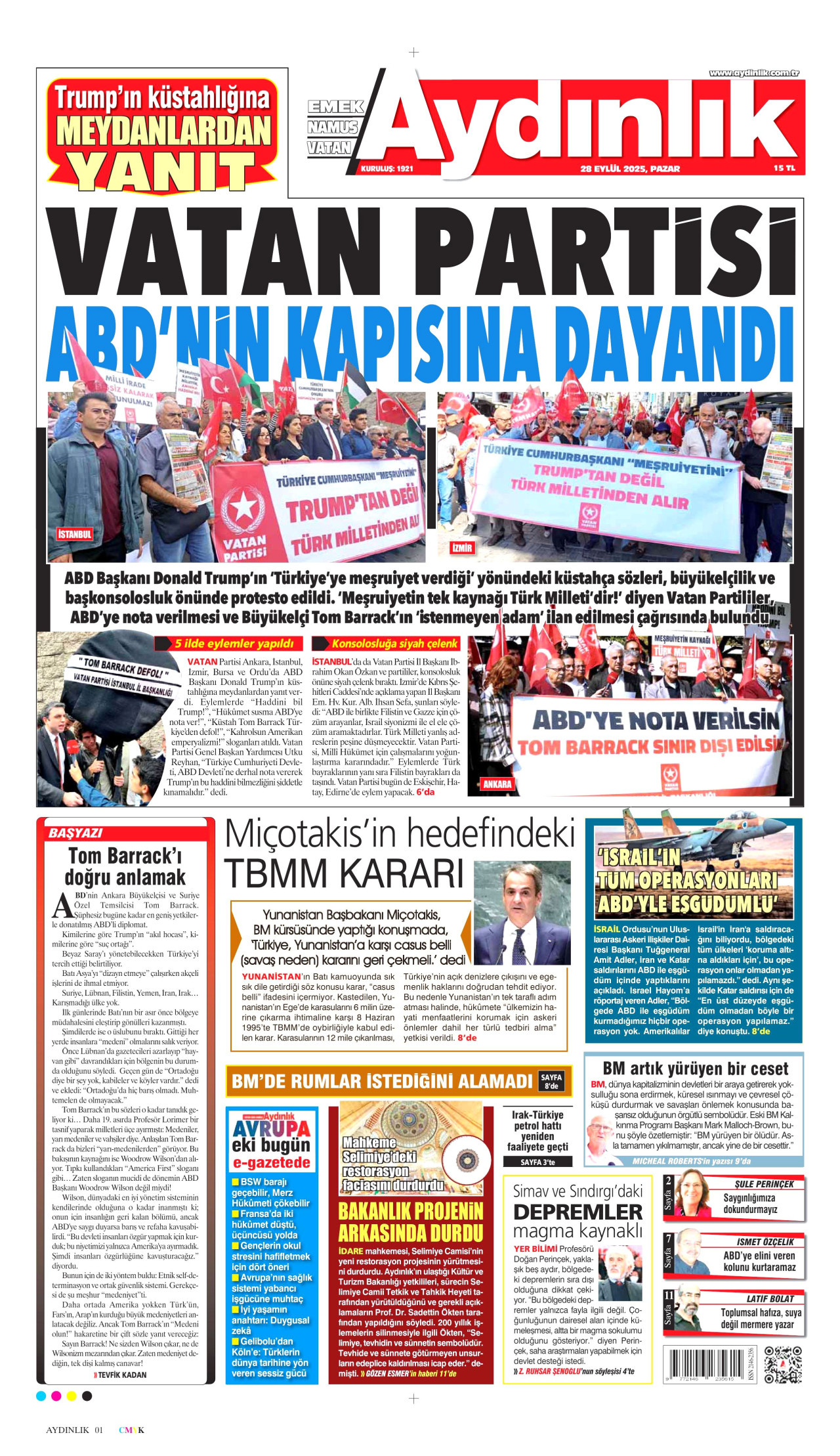 AYDINLIK GAZETESİ gazetesinin 28 Eylül 2025 tarihli birinci sayfası