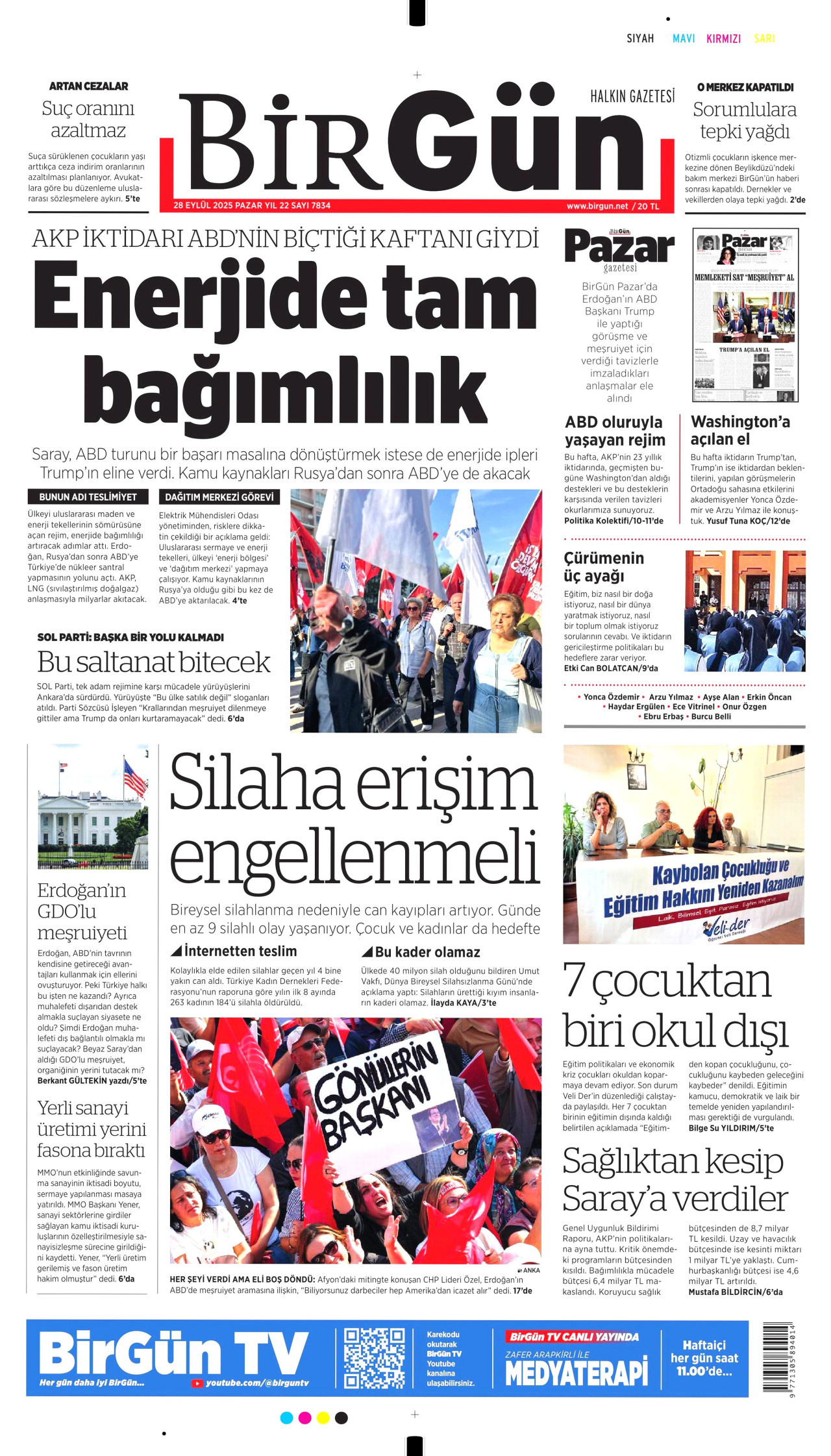 BİRGÜN gazetesinin 28 Eylül 2025 tarihli birinci sayfası