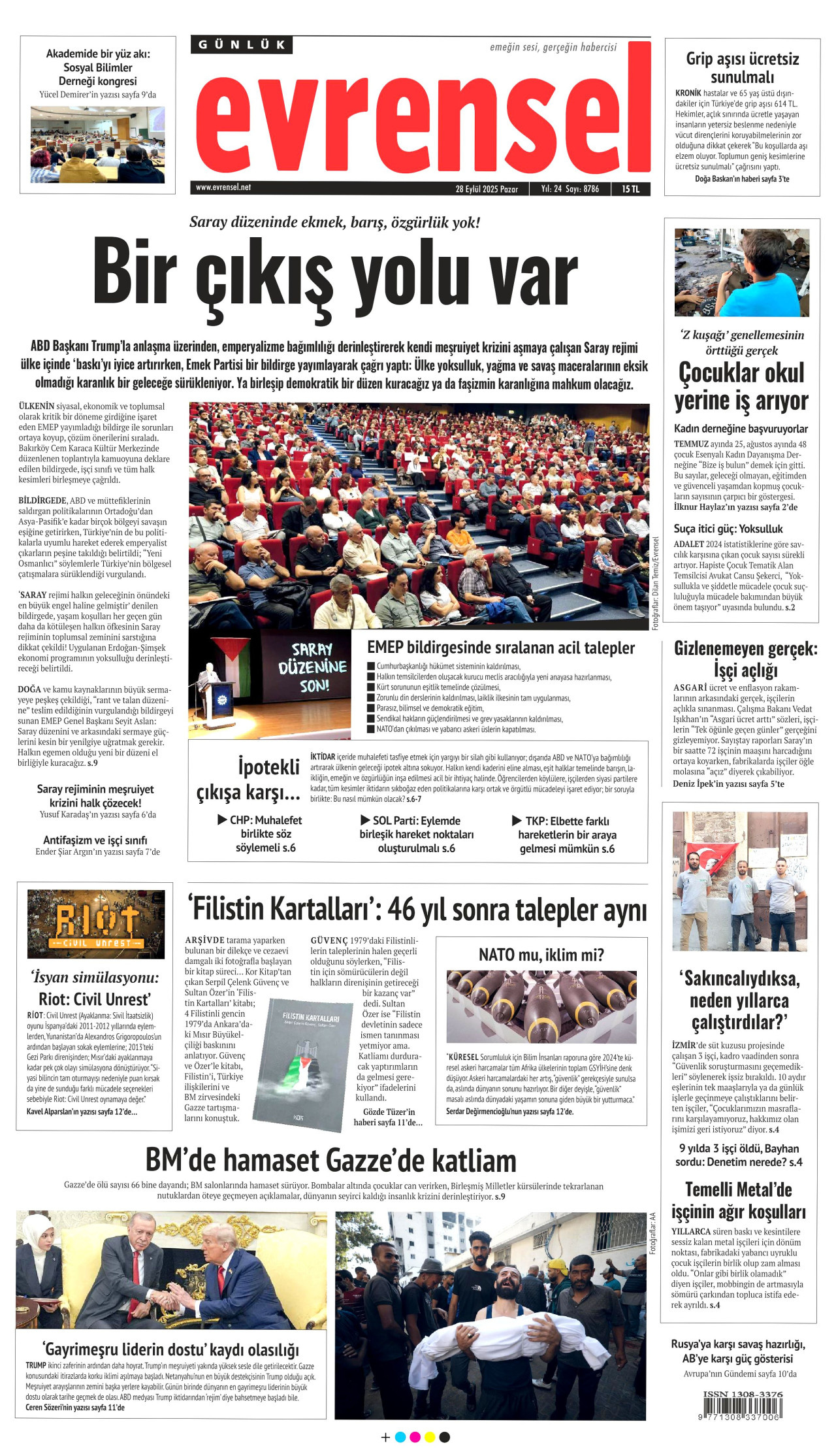 EVRENSEL gazetesinin 28 Eylül 2025 tarihli birinci sayfası