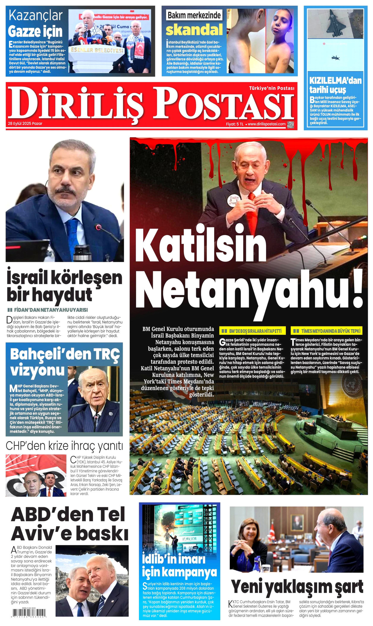 DİRİLİŞ POSTASI gazetesinin 28 Eylül 2025 tarihli birinci sayfası