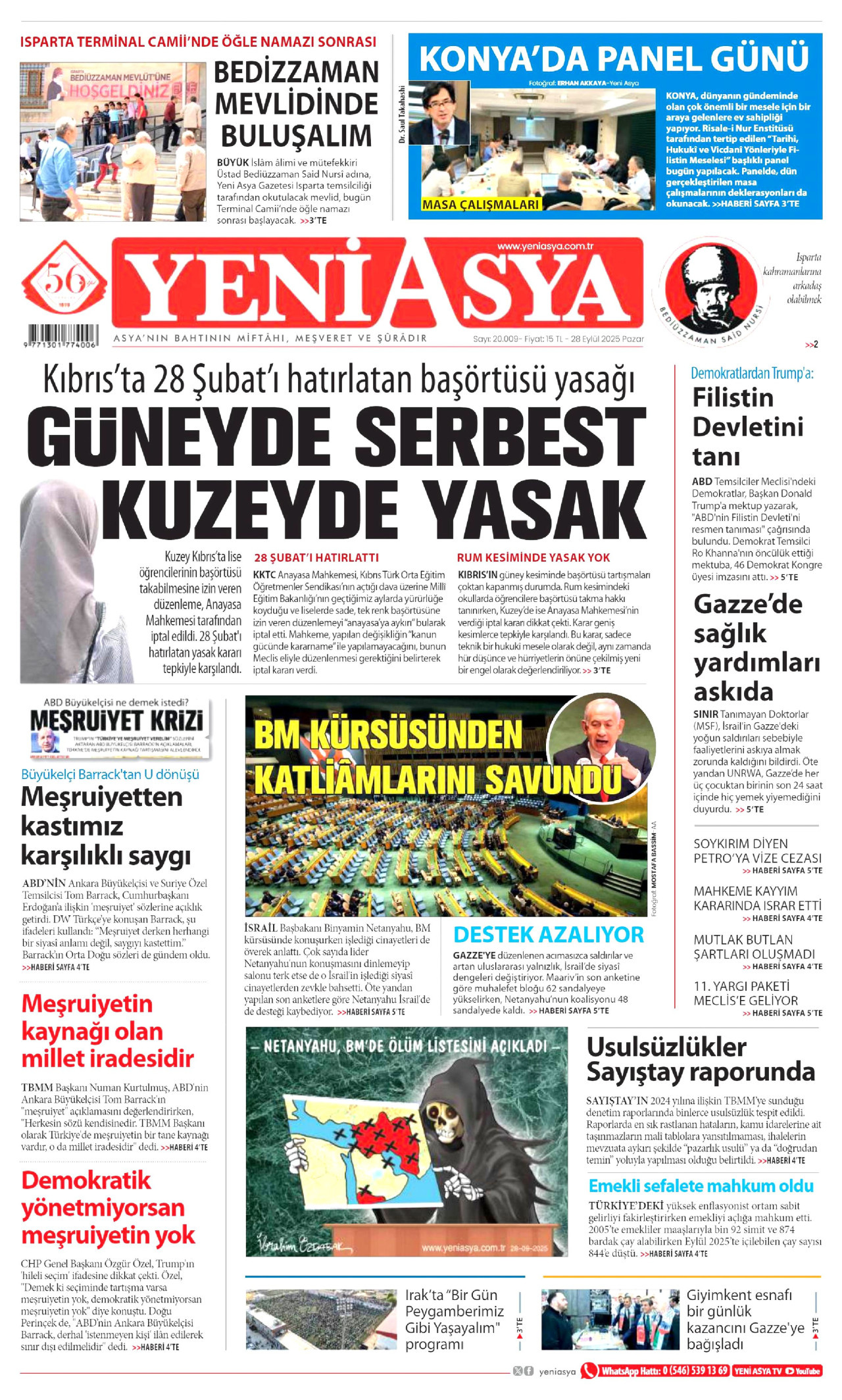 YENİ ASYA gazetesinin 28 Eylül 2025 tarihli birinci sayfası