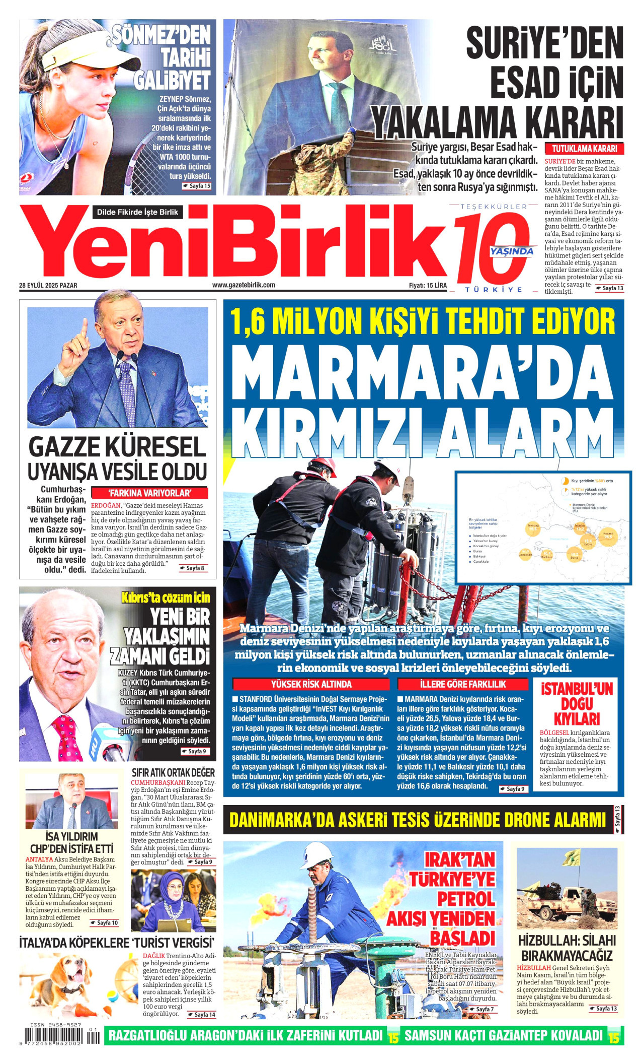 YENİBİRLİK gazetesinin 28 Eylül 2025 tarihli birinci sayfası
