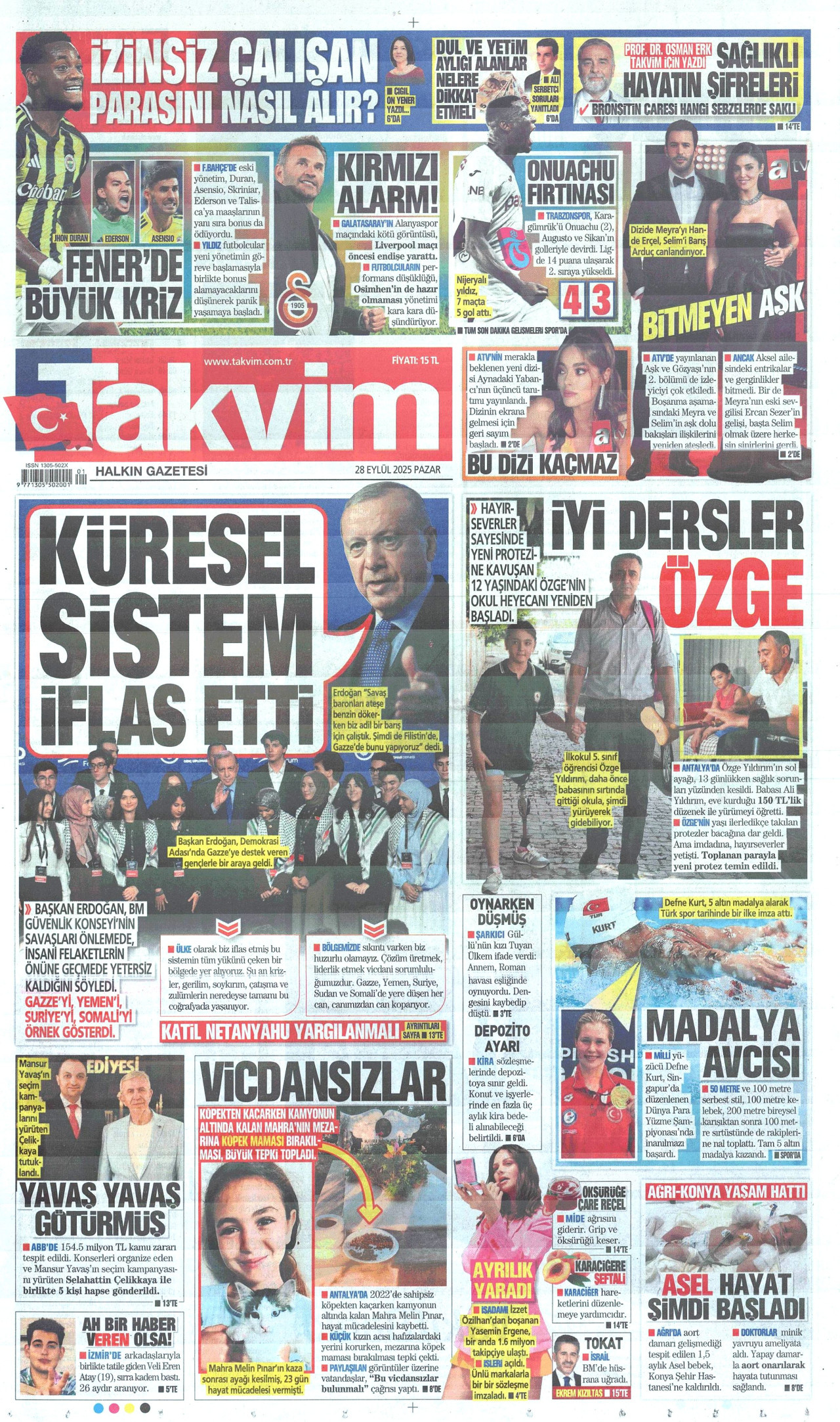 TAKVİM gazetesinin 28 Eylül 2025 tarihli birinci sayfası