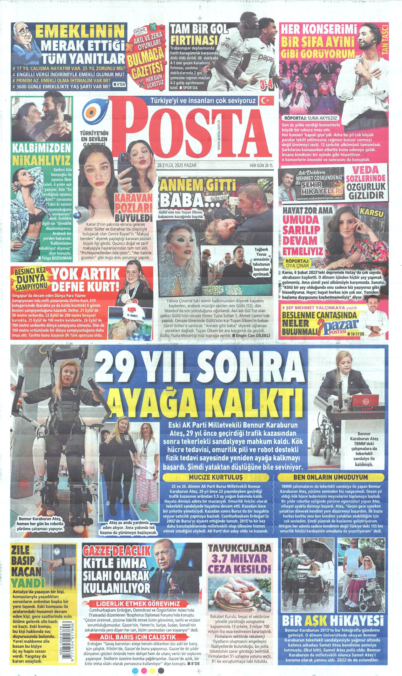 POSTA gazetesinin 28 Eylül 2025 tarihli birinci sayfası