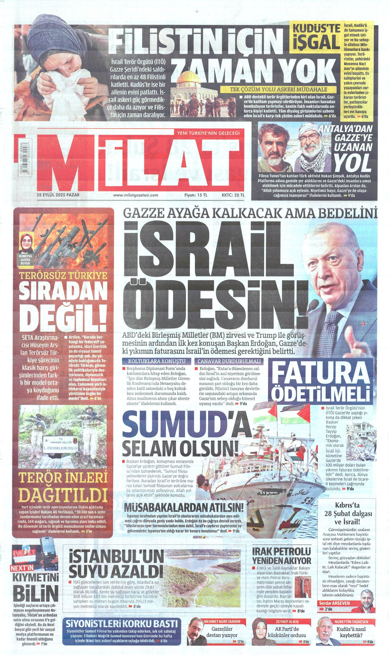 MİLAT gazetesinin 28 Eylül 2025 tarihli birinci sayfası
