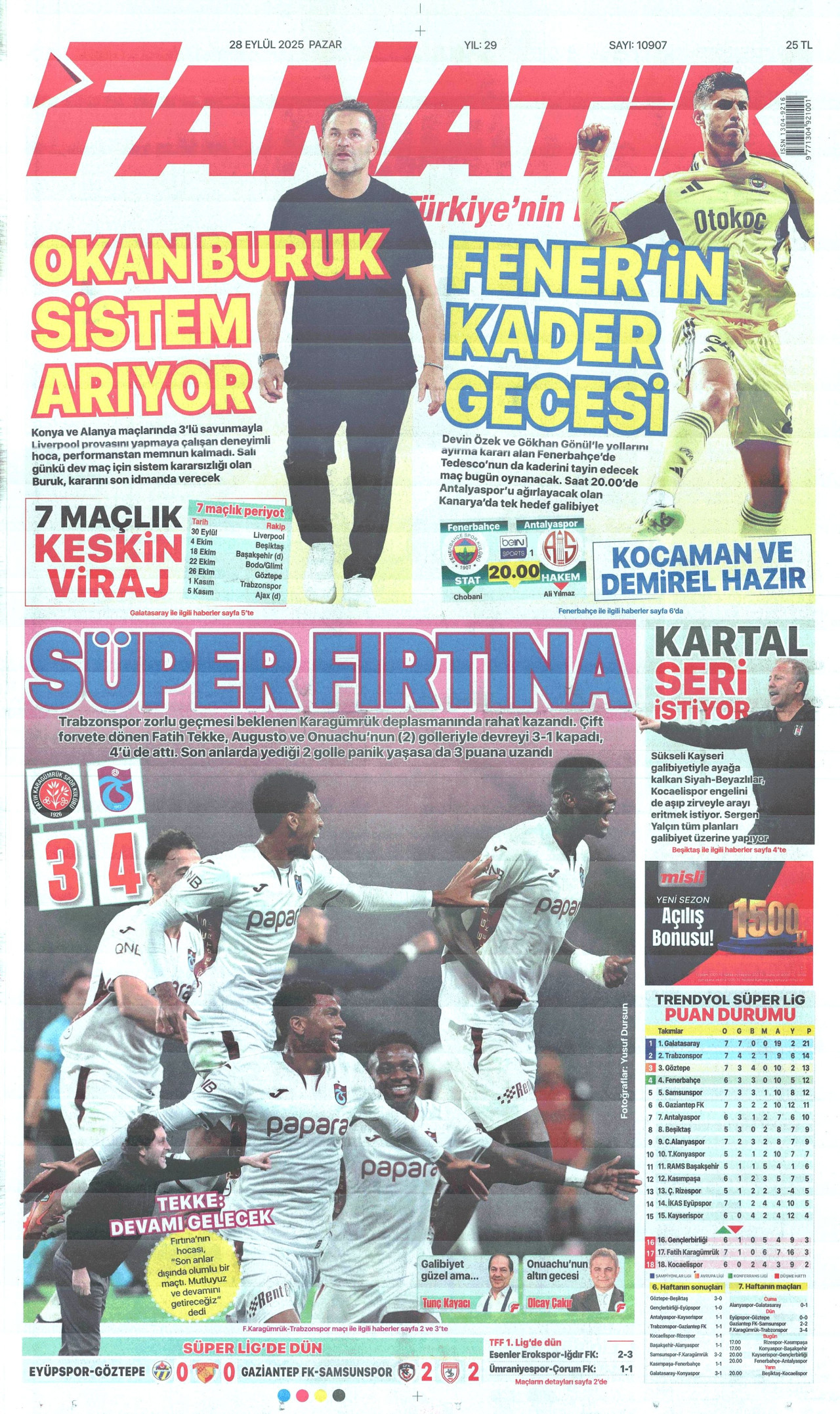 FANATİK gazetesinin 28 Eylül 2025 tarihli birinci sayfası