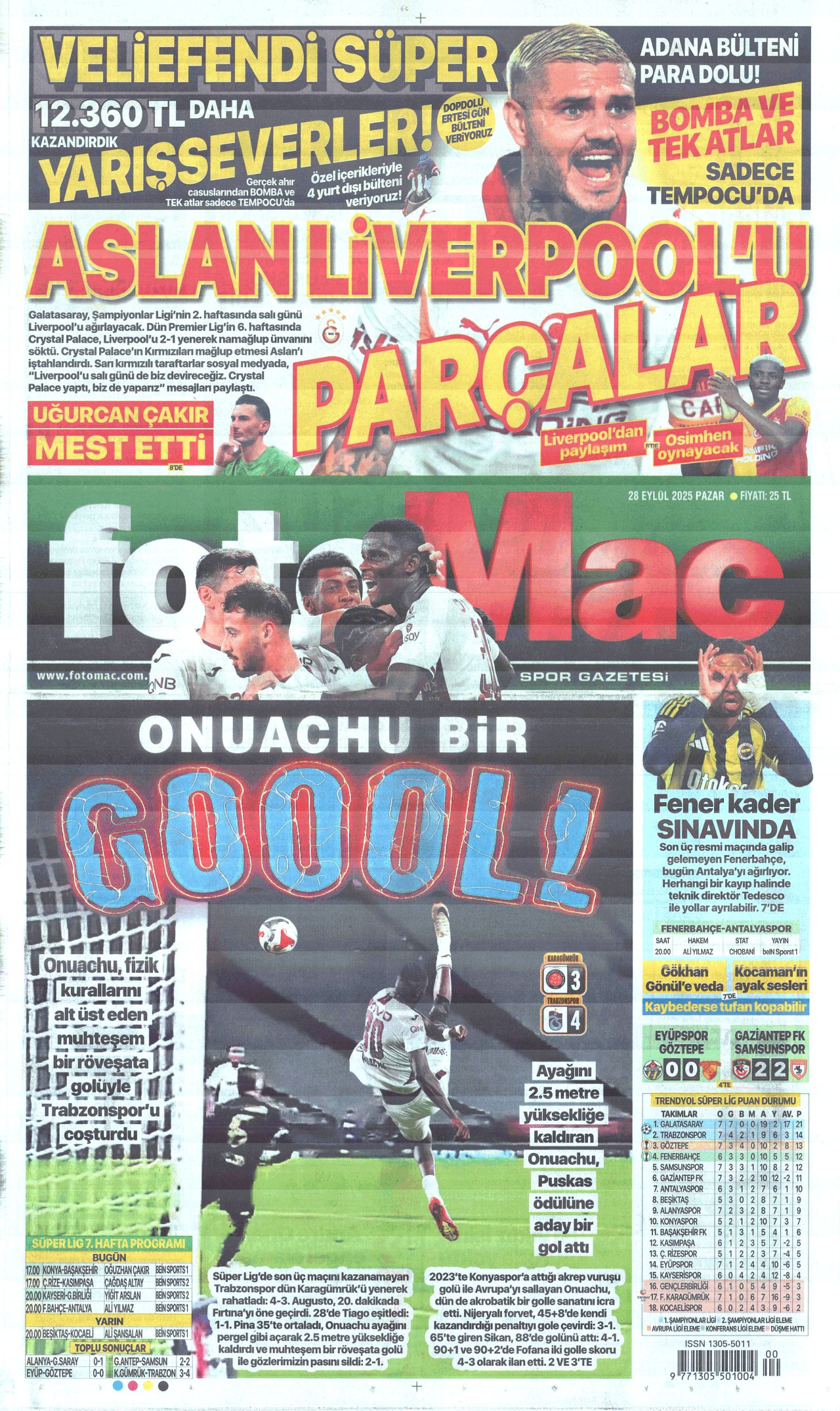 FOTOMAÇ gazetesinin 28 Eylül 2025 tarihli birinci sayfası
